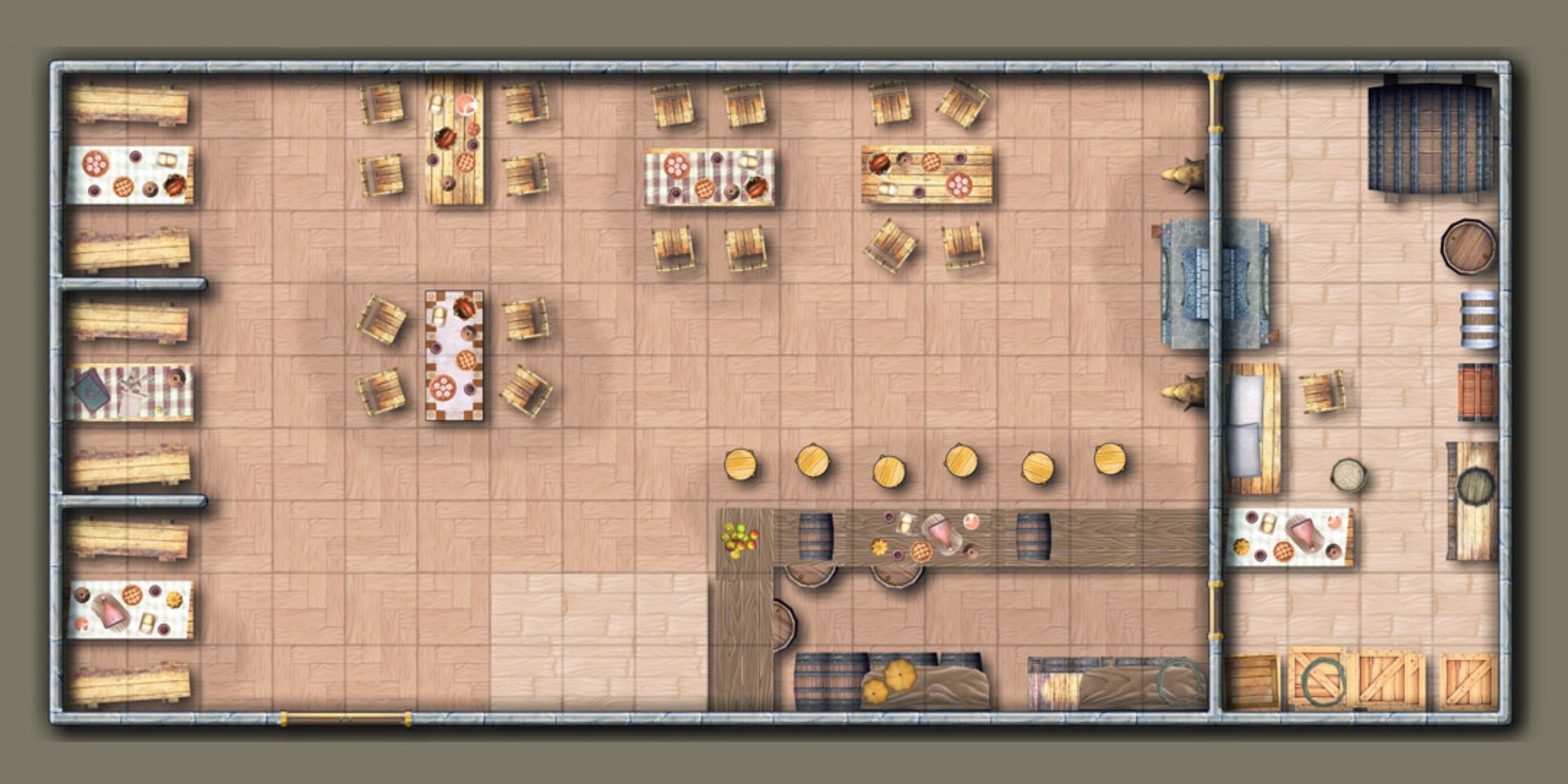 A square map of the inside of a store that looks like an izakaya, with a kitchen and lots of tables