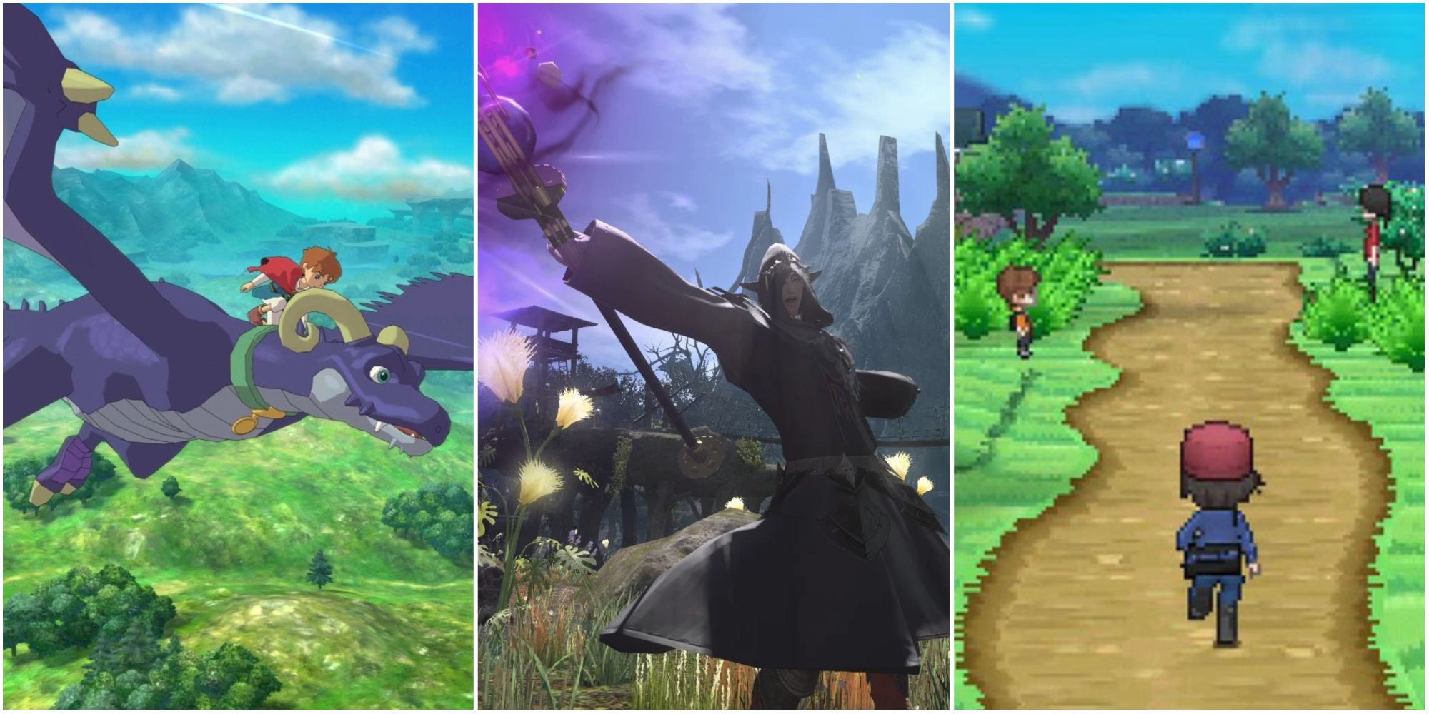 Collage of RPGs Turning 10 Years Old In 2023, featuring Ni No Kuni: Wrath of the White Witch, Final Fantasy XIV: A Realm Reborn and Pokemon X and Y