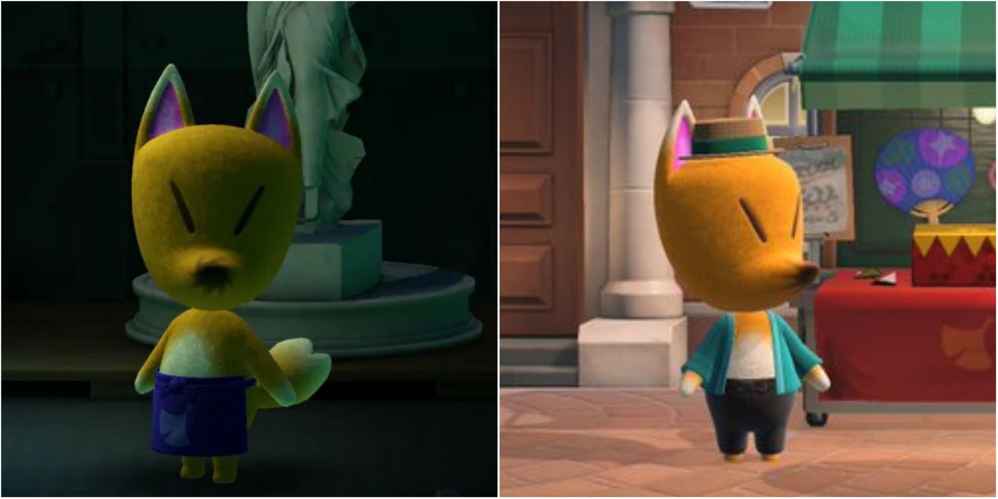 Split image screenshots of Redd in Animal Crossing: New Horizons.