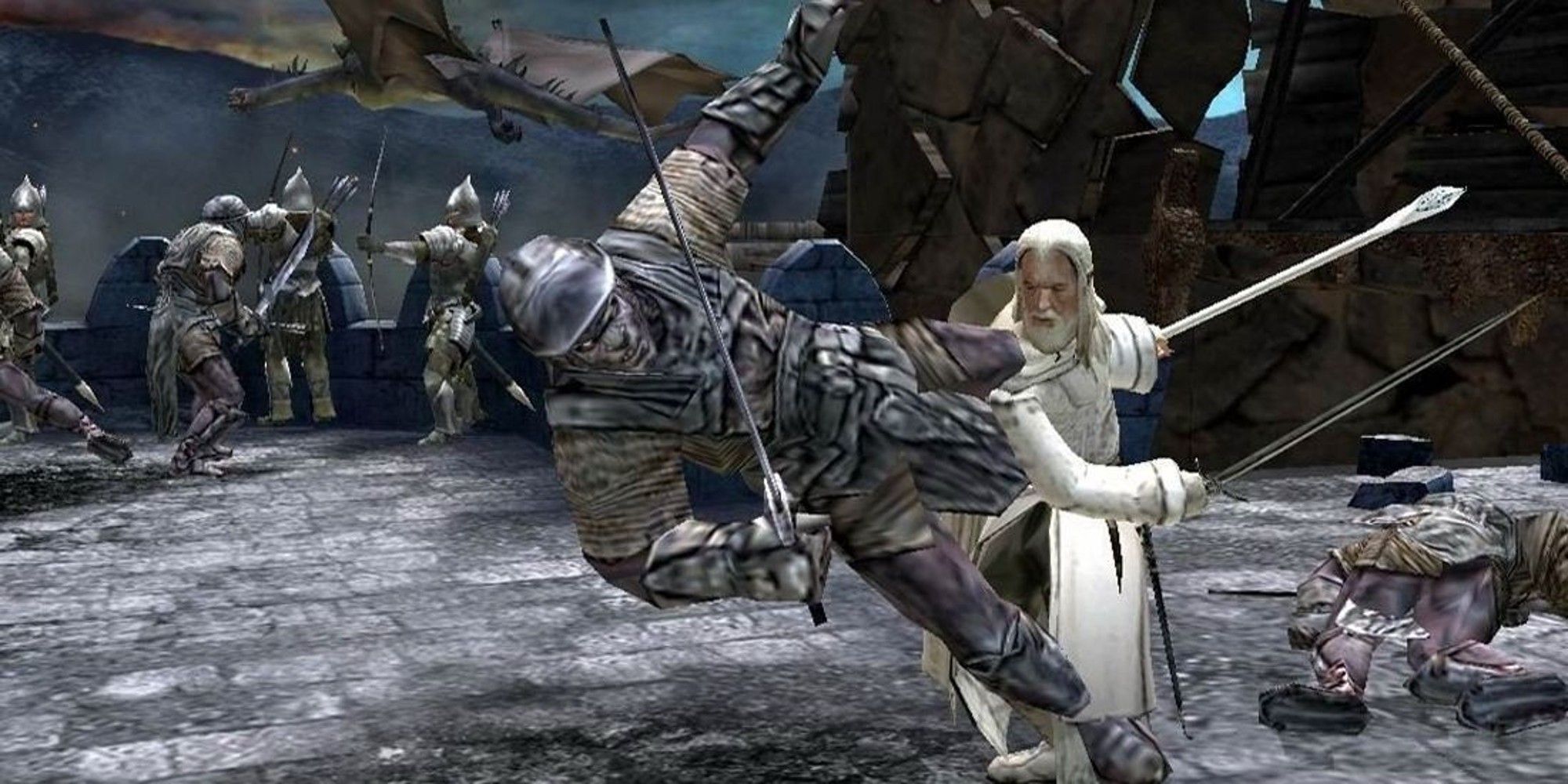 Gandalf smacks an orc with his staff and sword in The Lord of the Rings: Return of the King game.