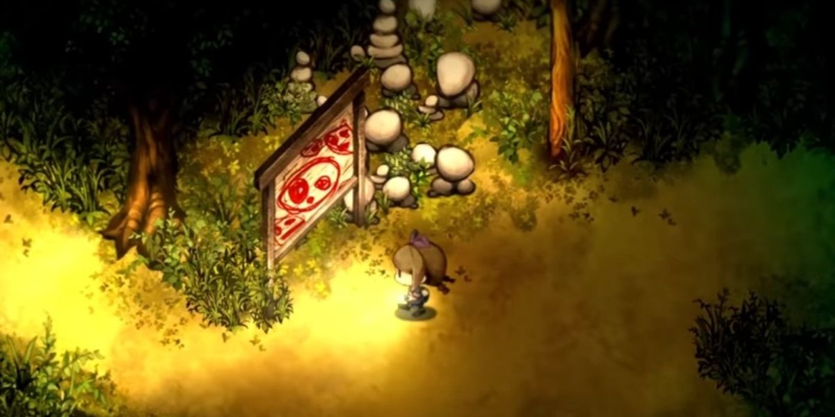Yuzu looking at a sign next to stacks of rocks in the Rice Fields in Yomawari: Lost in the Dark.