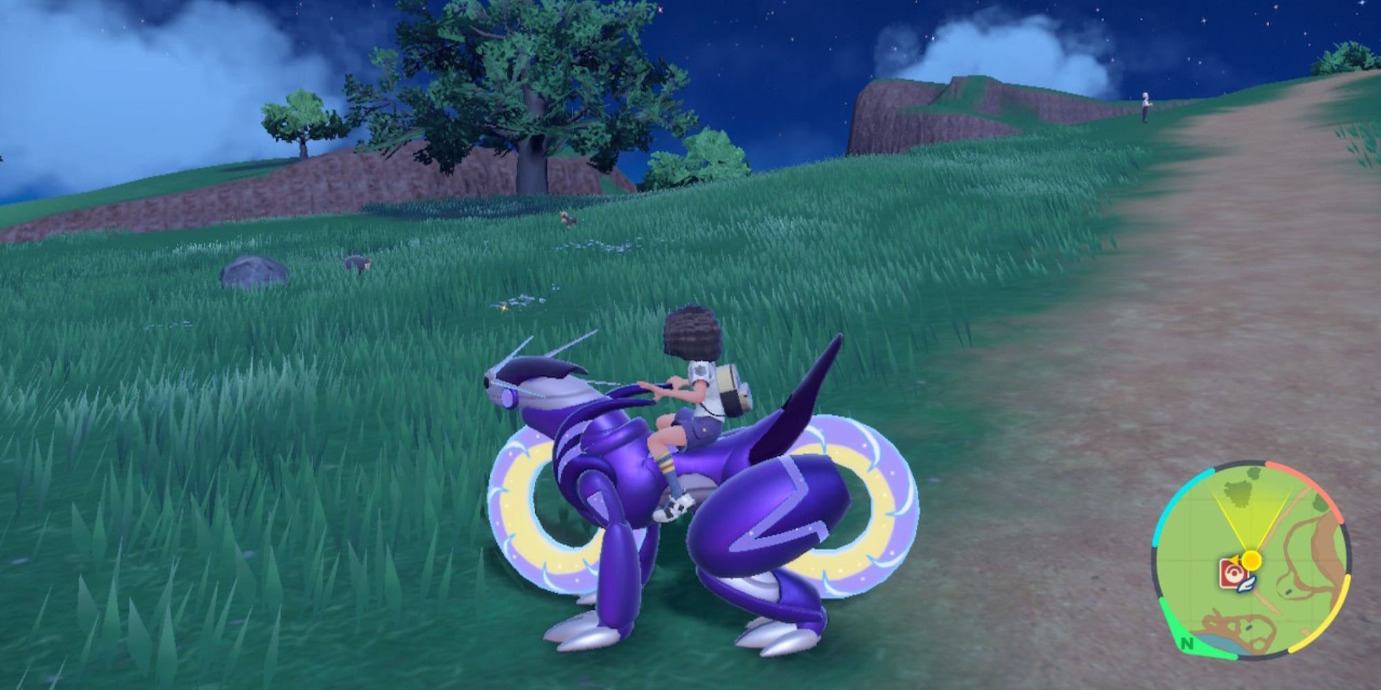 The main character riding Miraidon in Pokemon Scarlet & Violet.