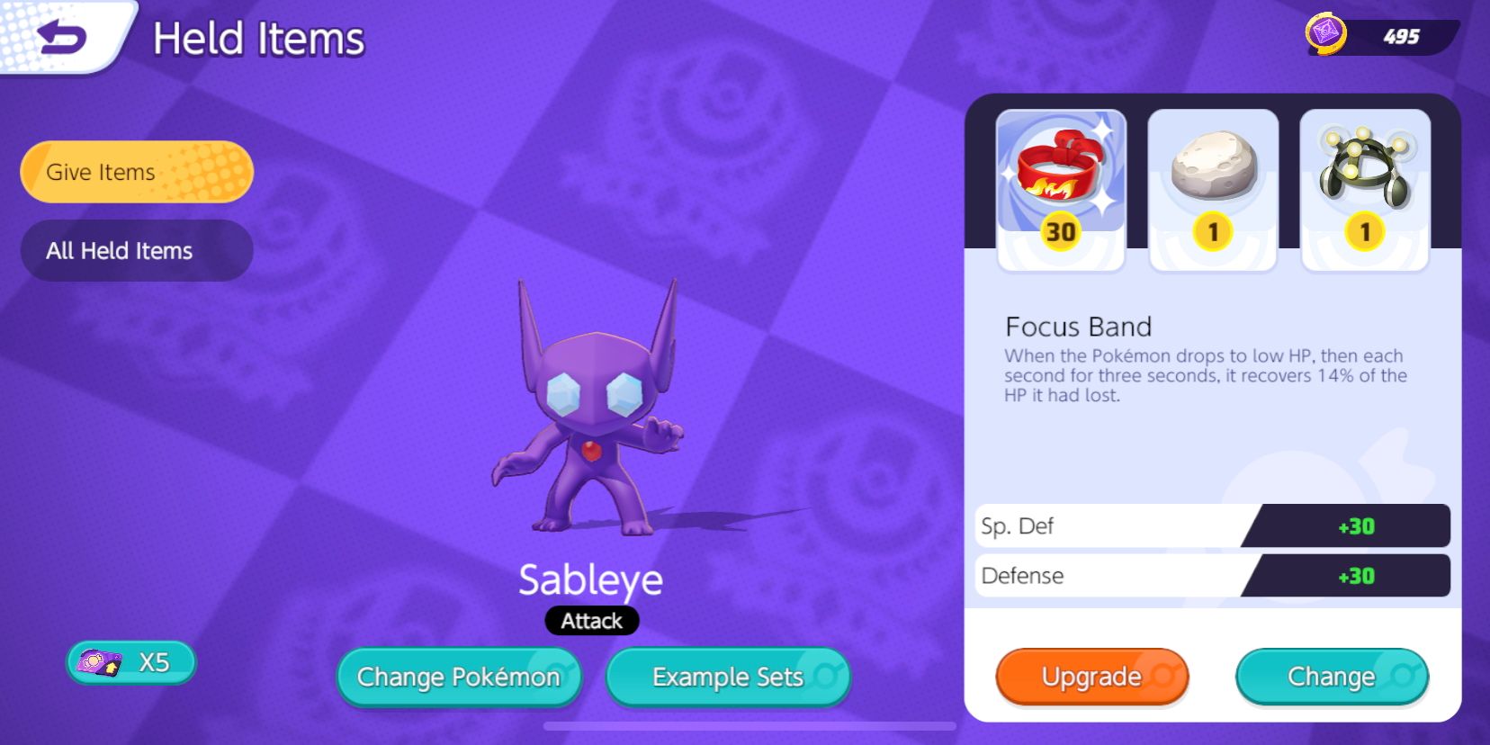 Sableye Held Item selection screen with Focus Band, Float Stone, and Exp. Share chosen