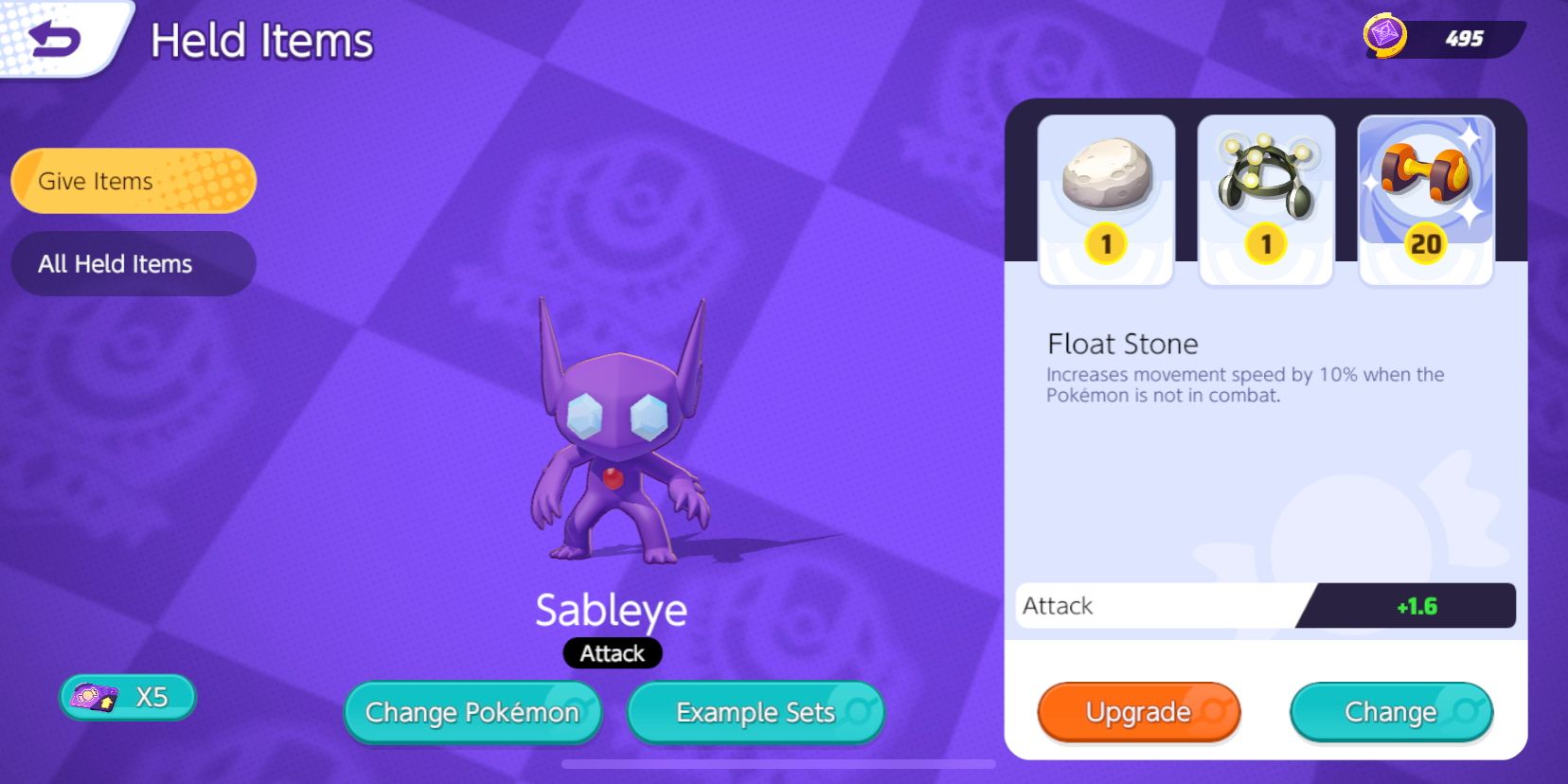Sableye Held Item selection screen with Float Stone, Exp. Share, and Attack Weight chosen