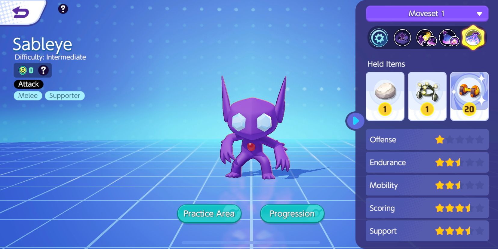 Sableye stats screen from Pokemon Unite