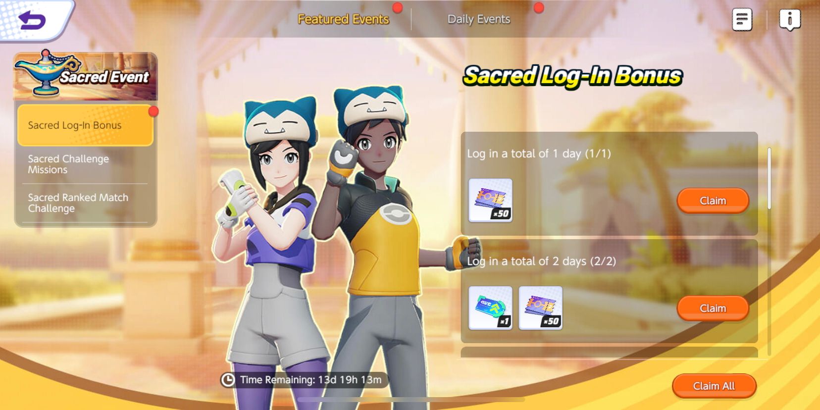 Pokemon Unite Sacred Event Log-In Bonus screen showing the different rewards