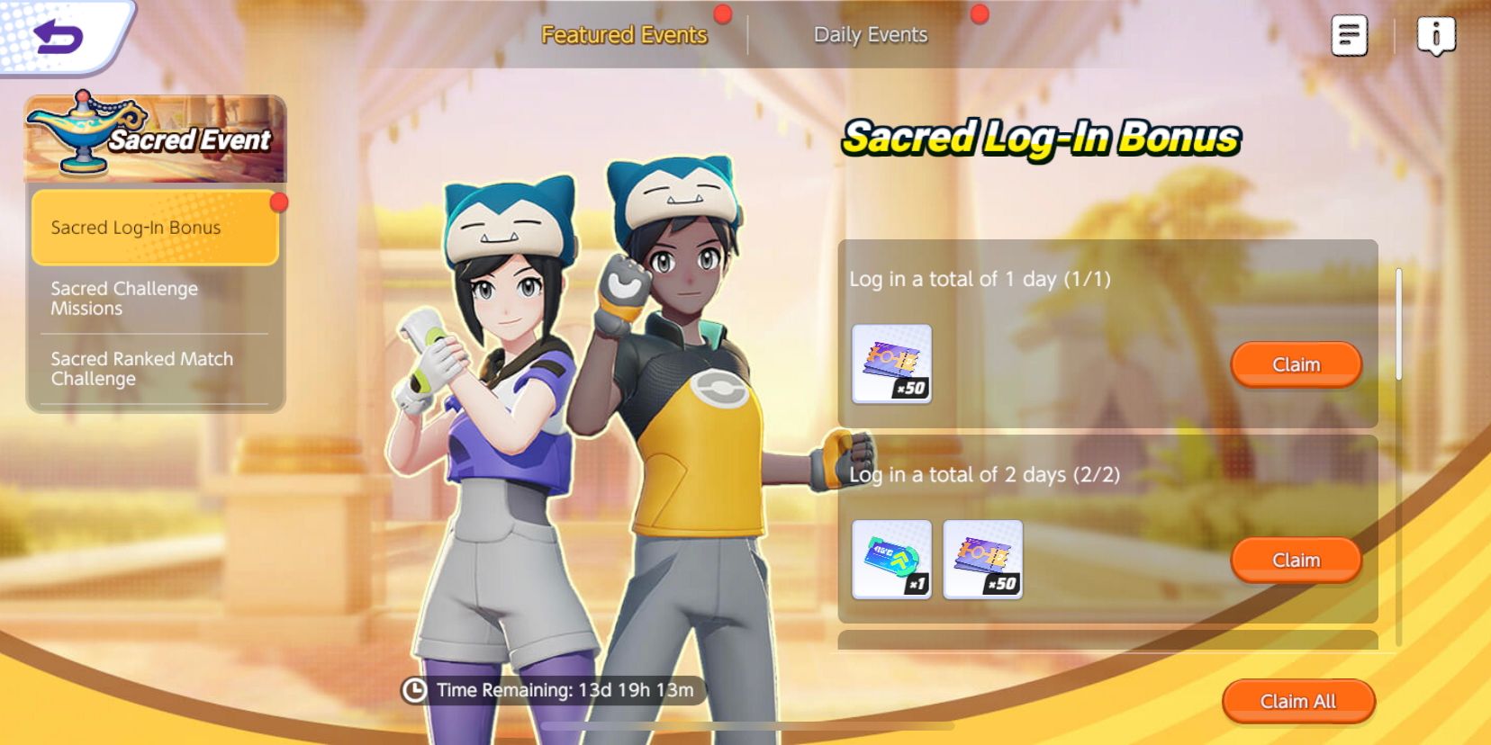 Pokemon Unite Sacred Event Log-In Bonus screen showing the different rewards