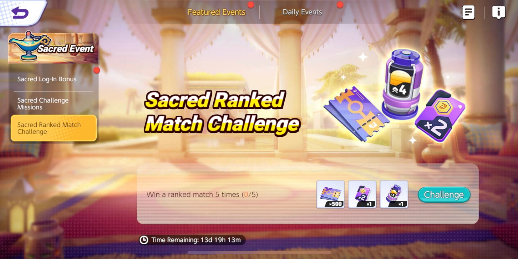 Pokemon Unite Sacred Event Ranked Match Challenge screen showing the different rewards