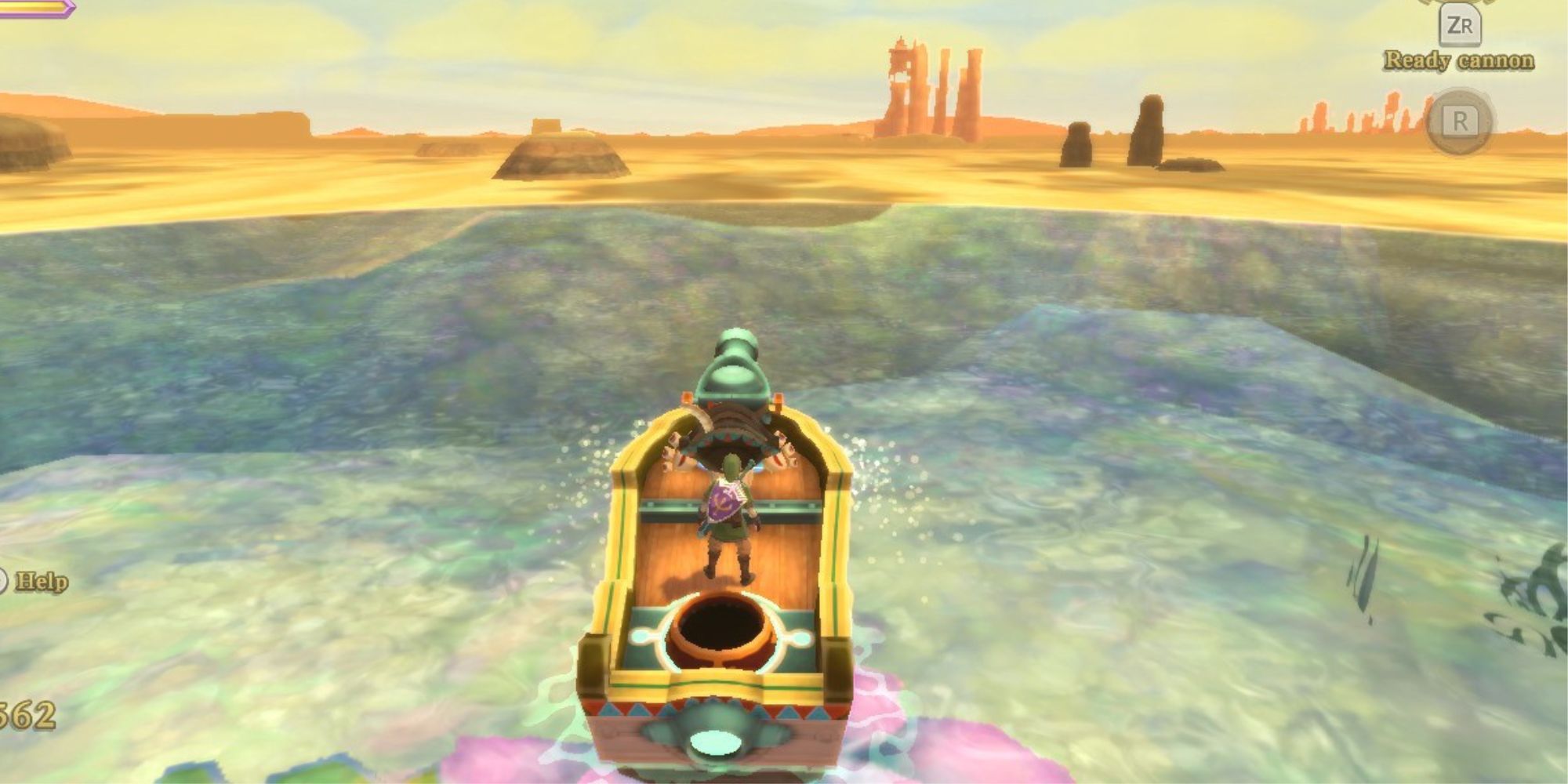 Link rides a boat across an ocean of water and sand