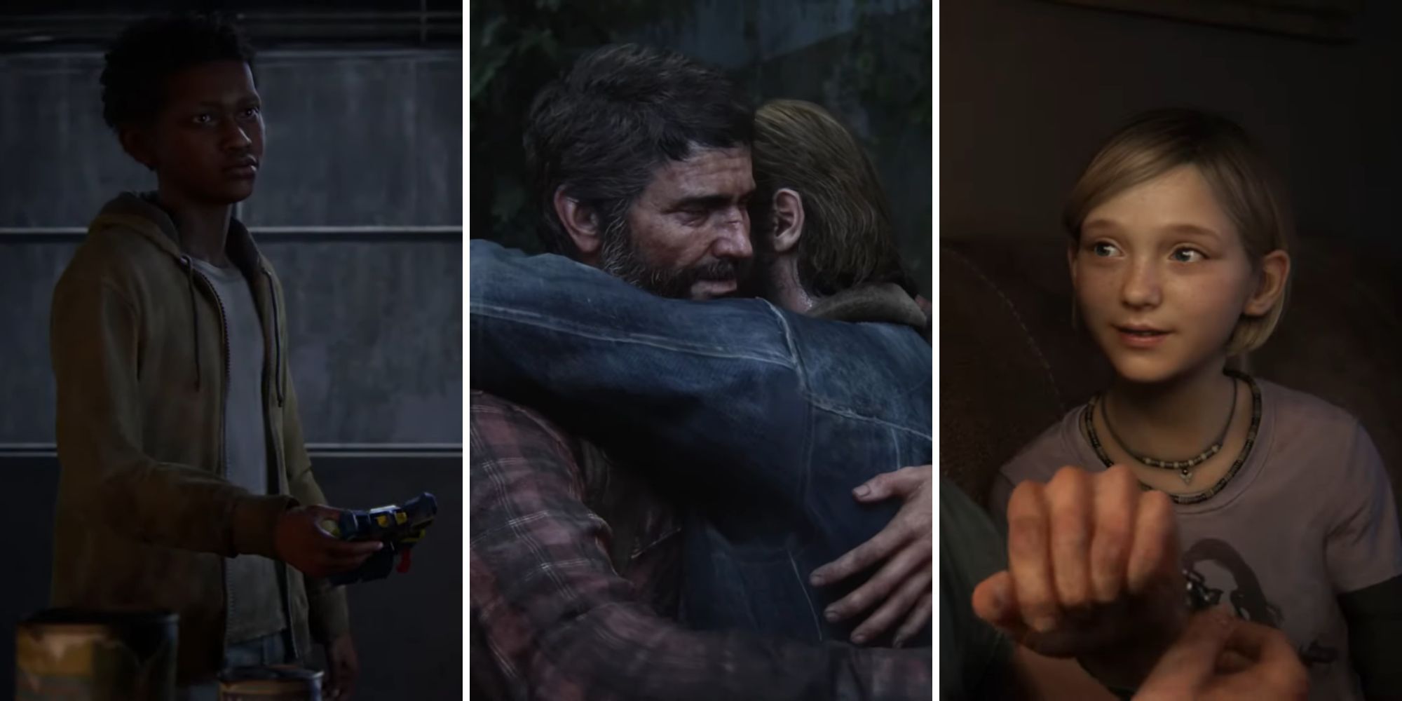 Sam holds a toy by a window in the dark, Joel and Tommy hug in the rain, Sarah looks up at Joel with a smile