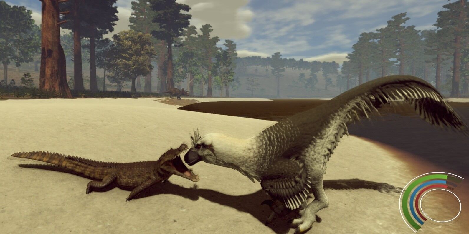 Saurian gameplay flying dinosaur being snapped at by crocodile 