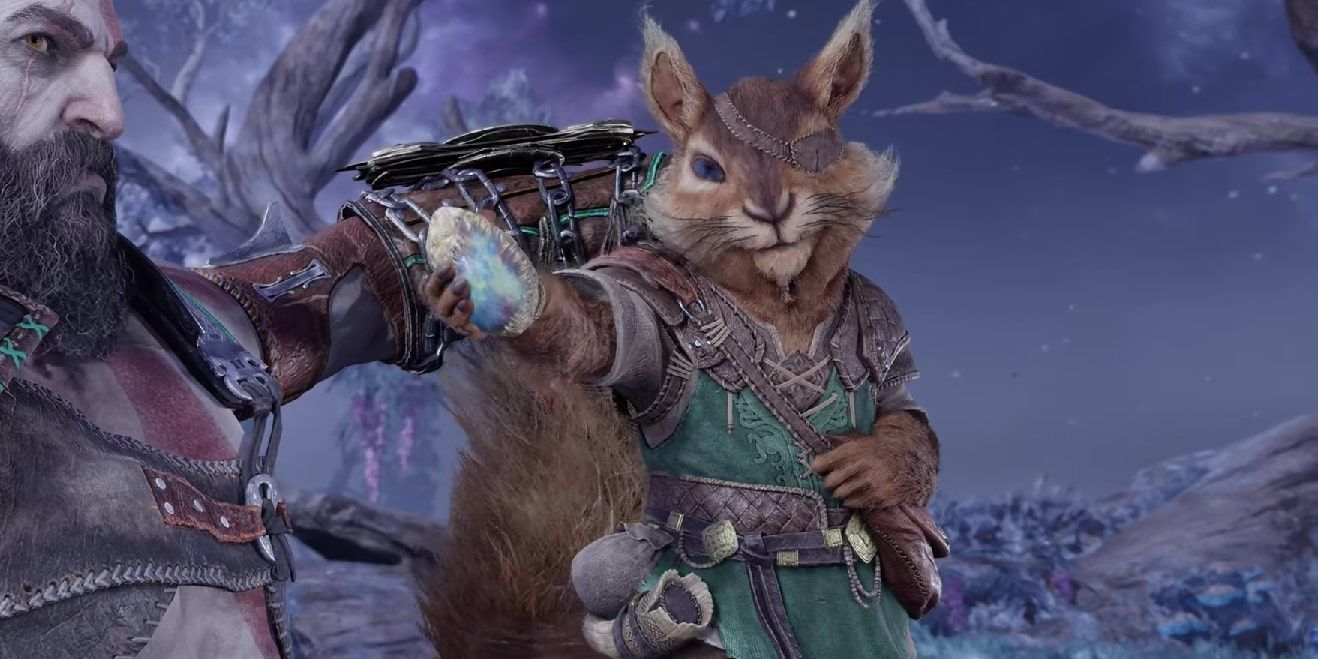 Ratatoskr holding out a Yggdrasil seed while being held up by Kratos in God of War Ragnarok. 