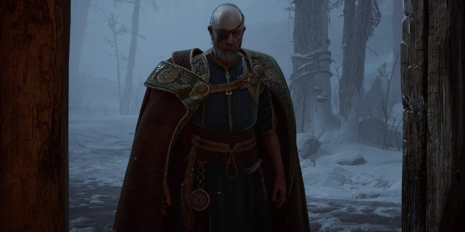 Screenshot of Odin entering Kratos' home in the beginning of God of War Ragnarok.