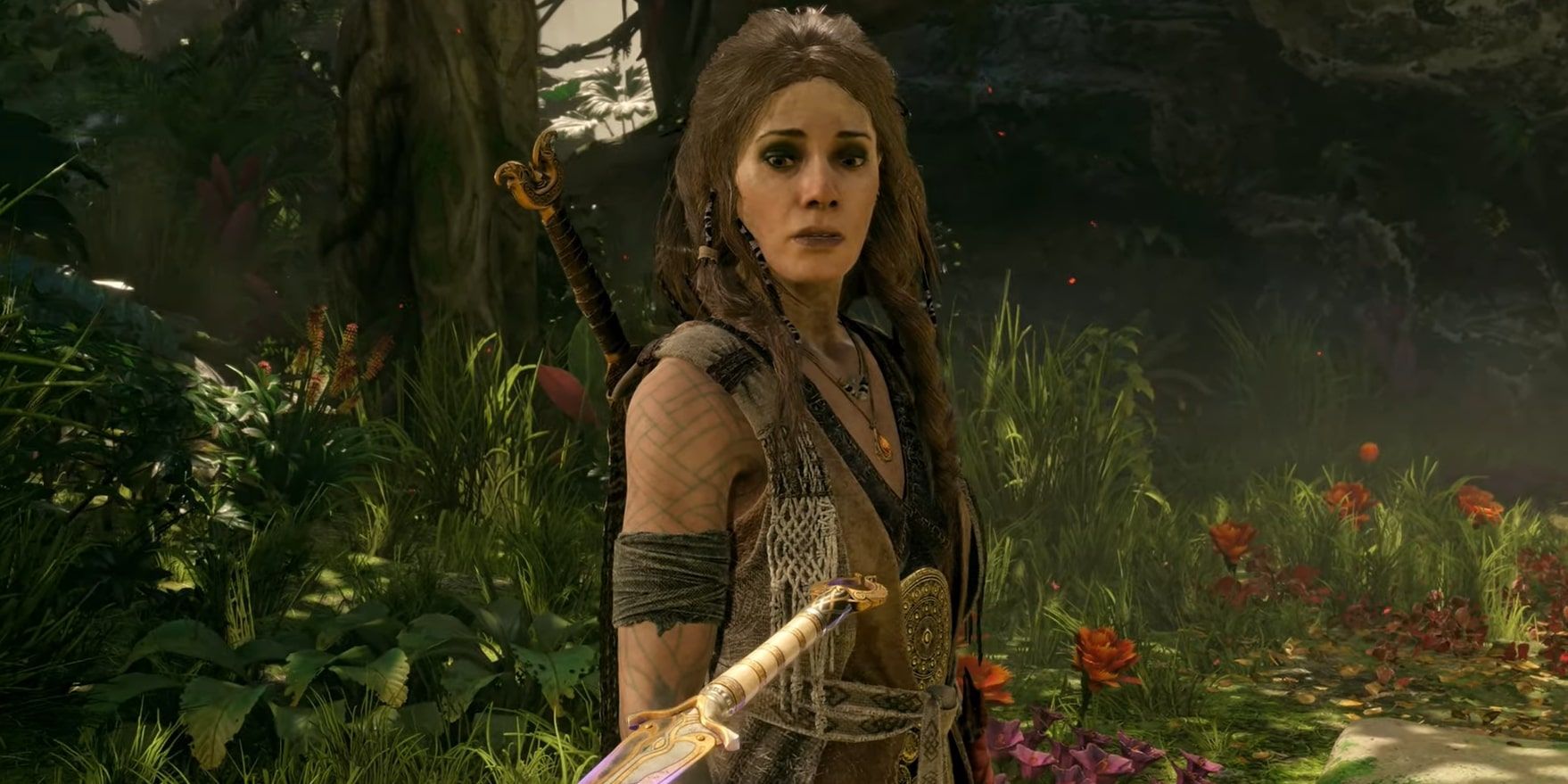 Screenshot of Freya attempting to pull out an Asgardian Valkyrie sword in God of War Ragnarok.