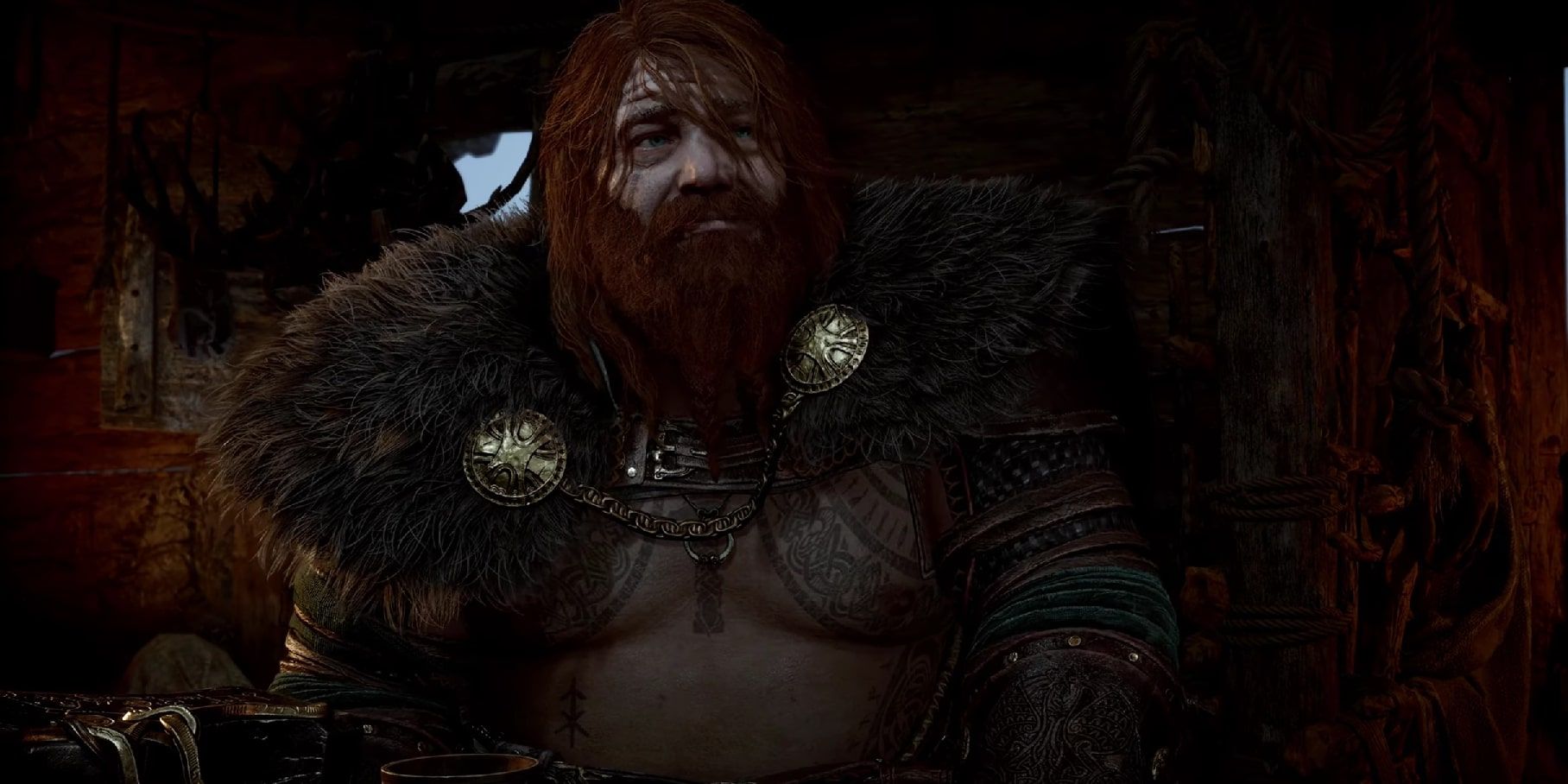 Screenshot of Thor sitting across from Kratos and waiting for Odin in the beginning of God of War Ragnarok.