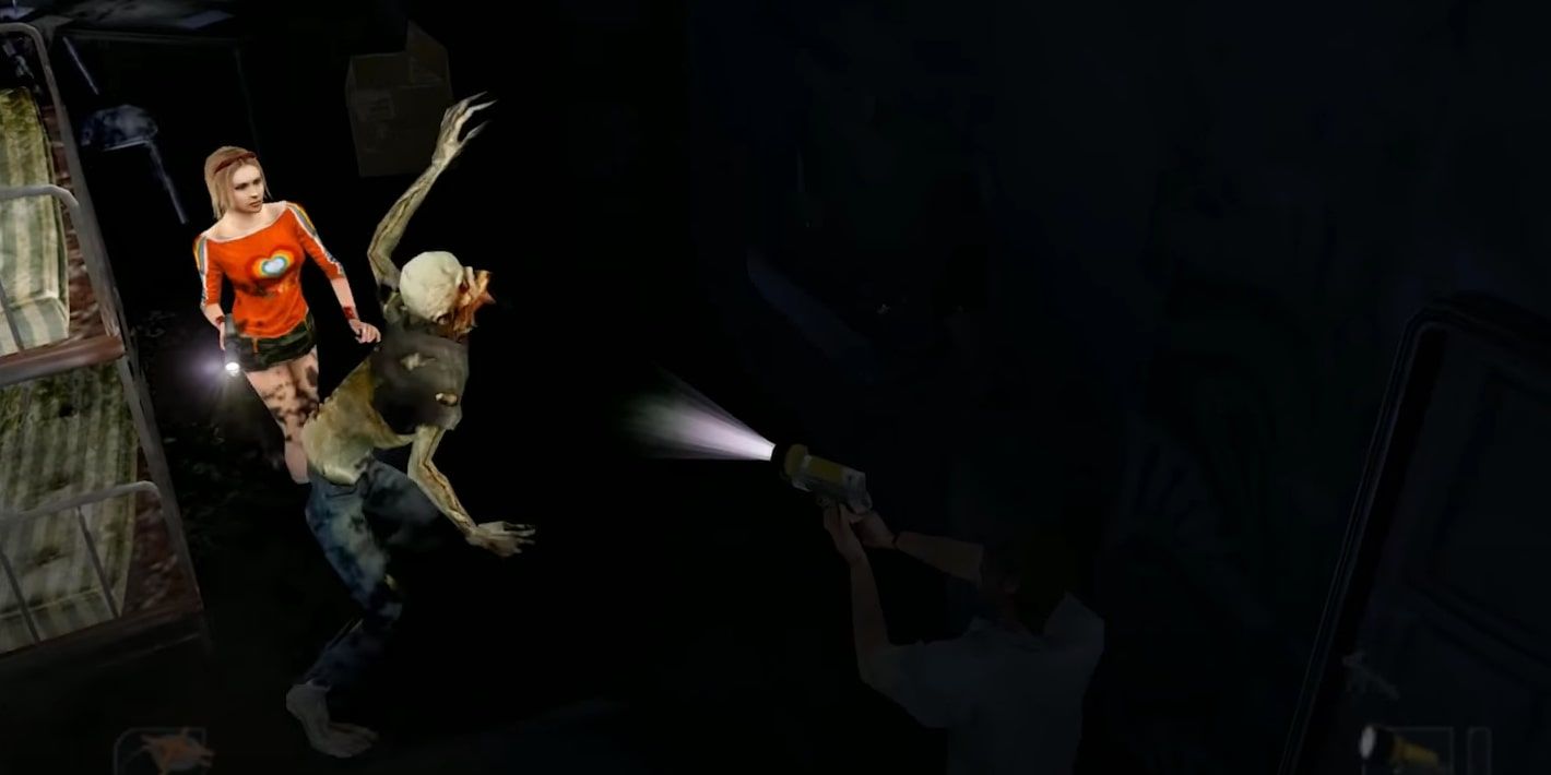 Screenshot of a player shooting at a weird mutated enemy inside the high school in Obscure.
