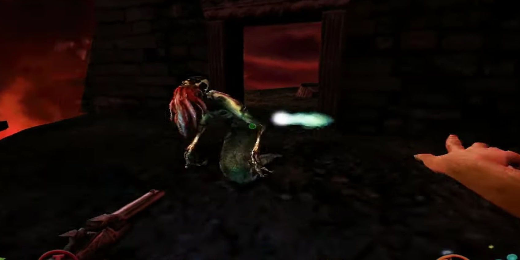 Screenshot of the player casting a spell at an enemy creature in Clive Barker's Undying.