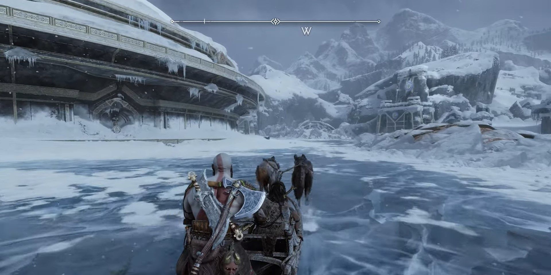 Kratos and Freya sledding along the surface of the now icy Lake of Nine. 