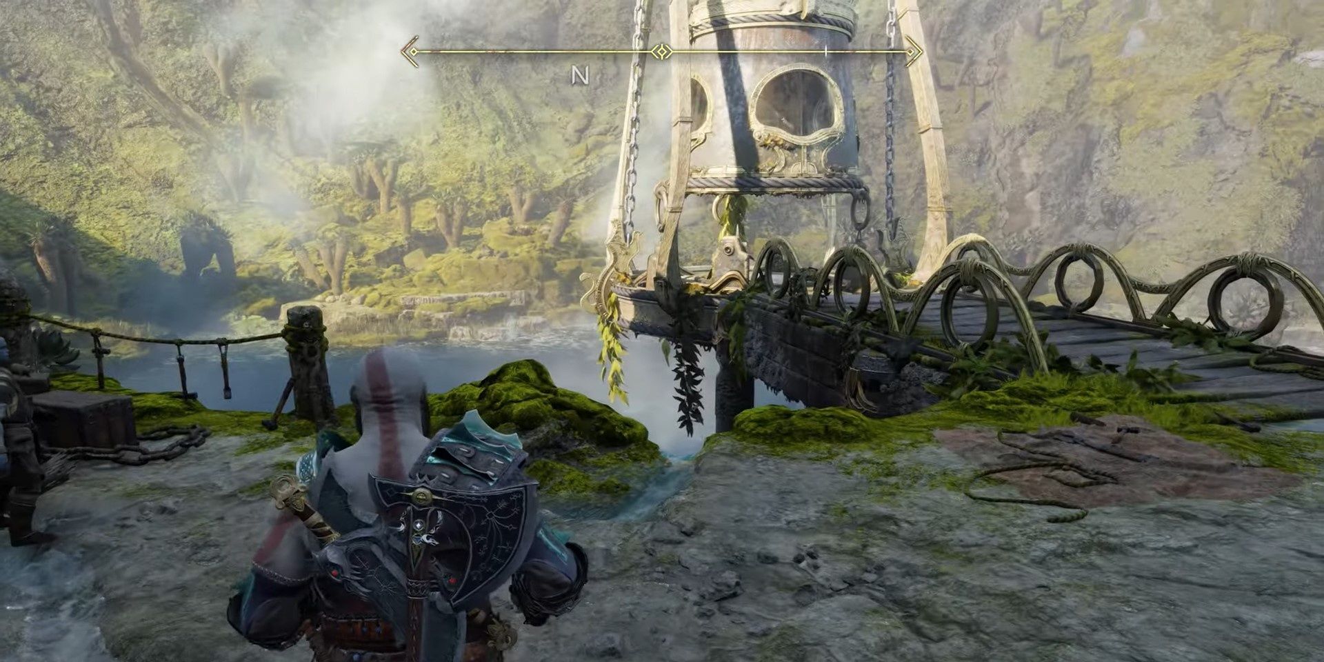 Kratos helping Brok around the visually striking area of The Forge in Svartalfheim.