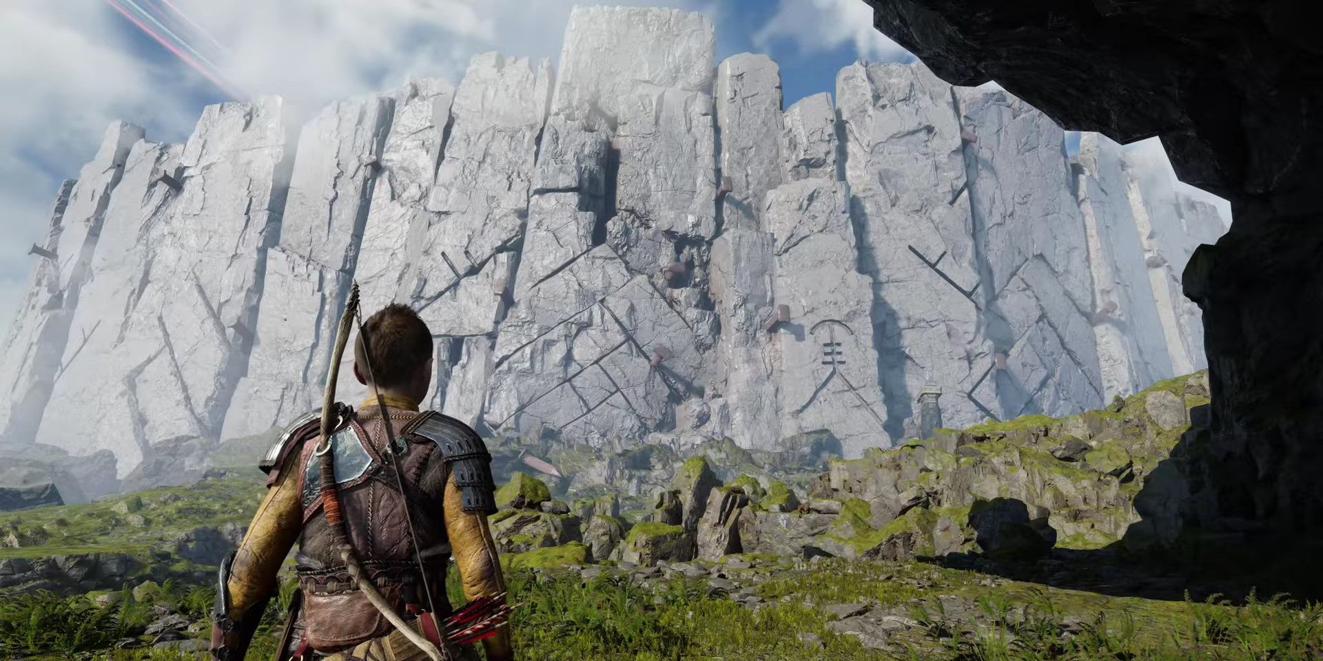 Atreus wondrously gazing up at Hrimthur's Wall that guards Asgard for the first time. 