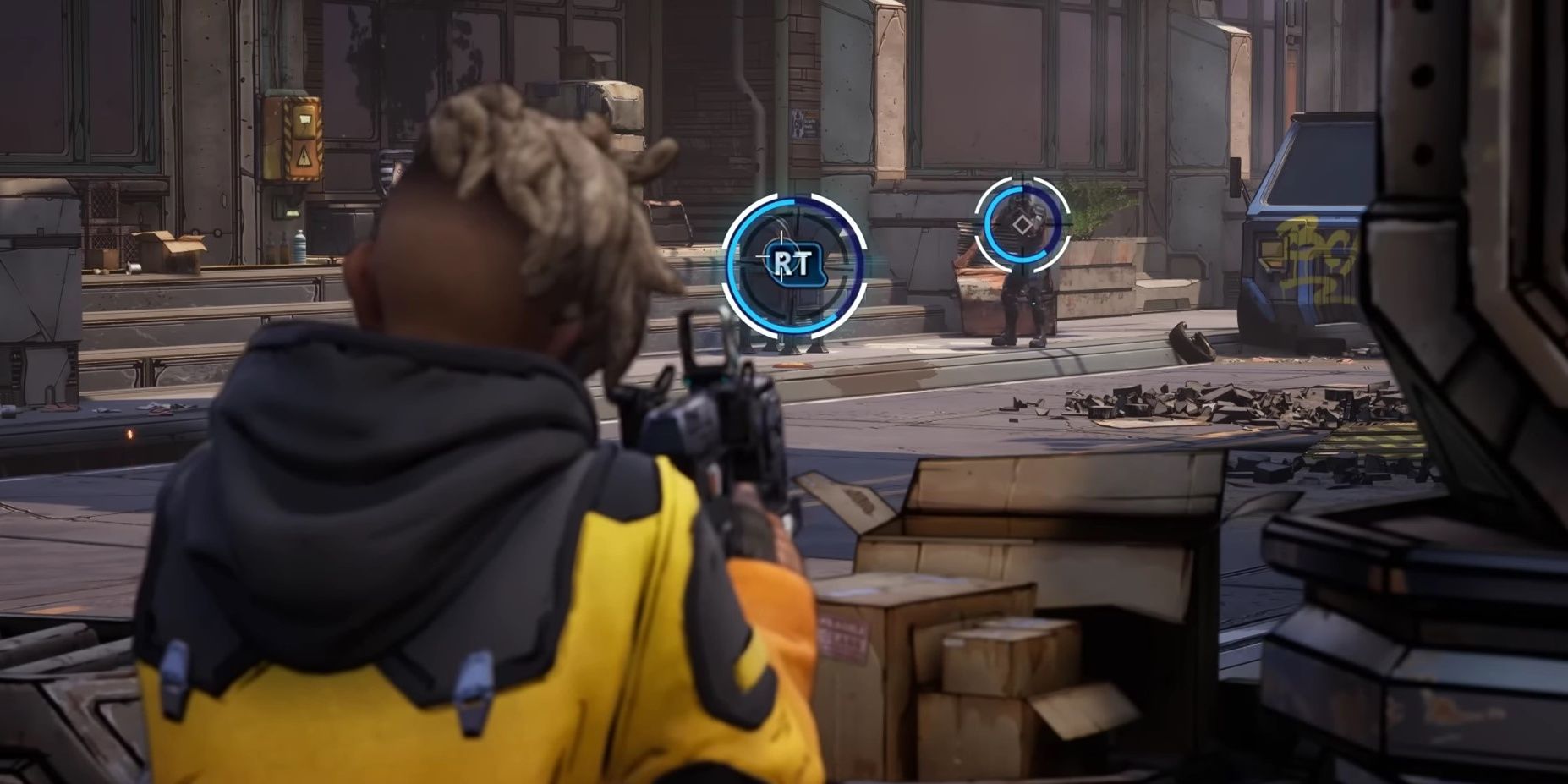 Screenshot of Octavio being prompted to shoot a soldier or object using Brock in New Tales from the Borderlands.