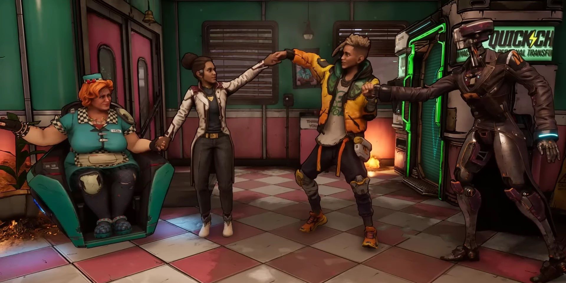 Screenshot of the main squad doing a wave during the montage sequence in New Tales from the Borderlands.