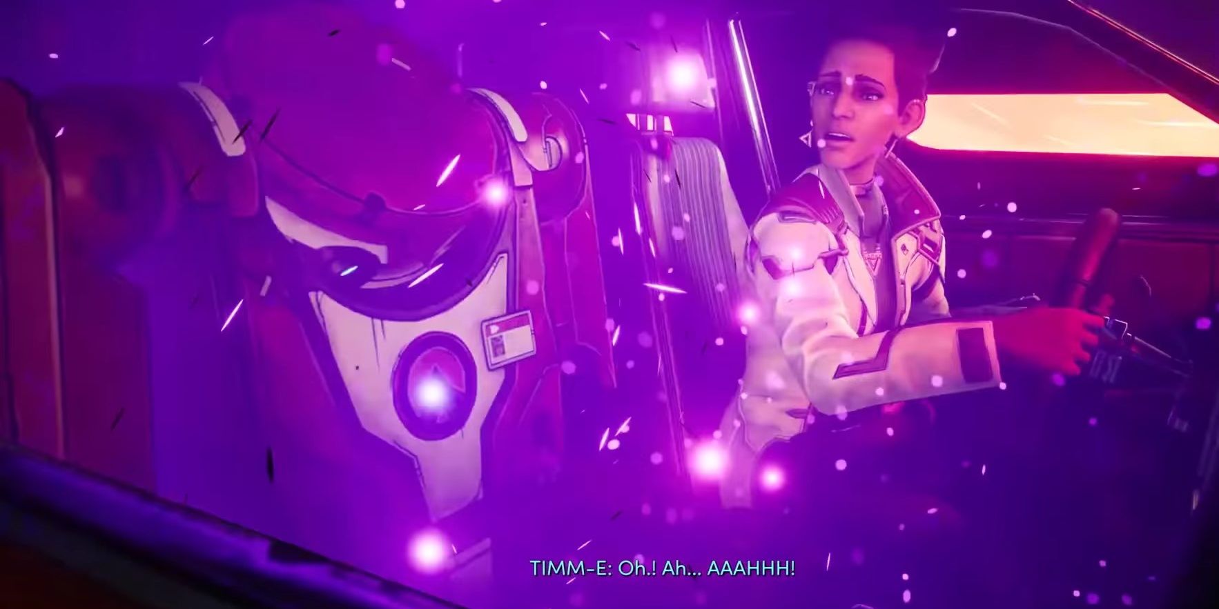 Screenshot of TIMM-E popping into Anu's escape pod in the beginning of New Tales from the Borderlands.
