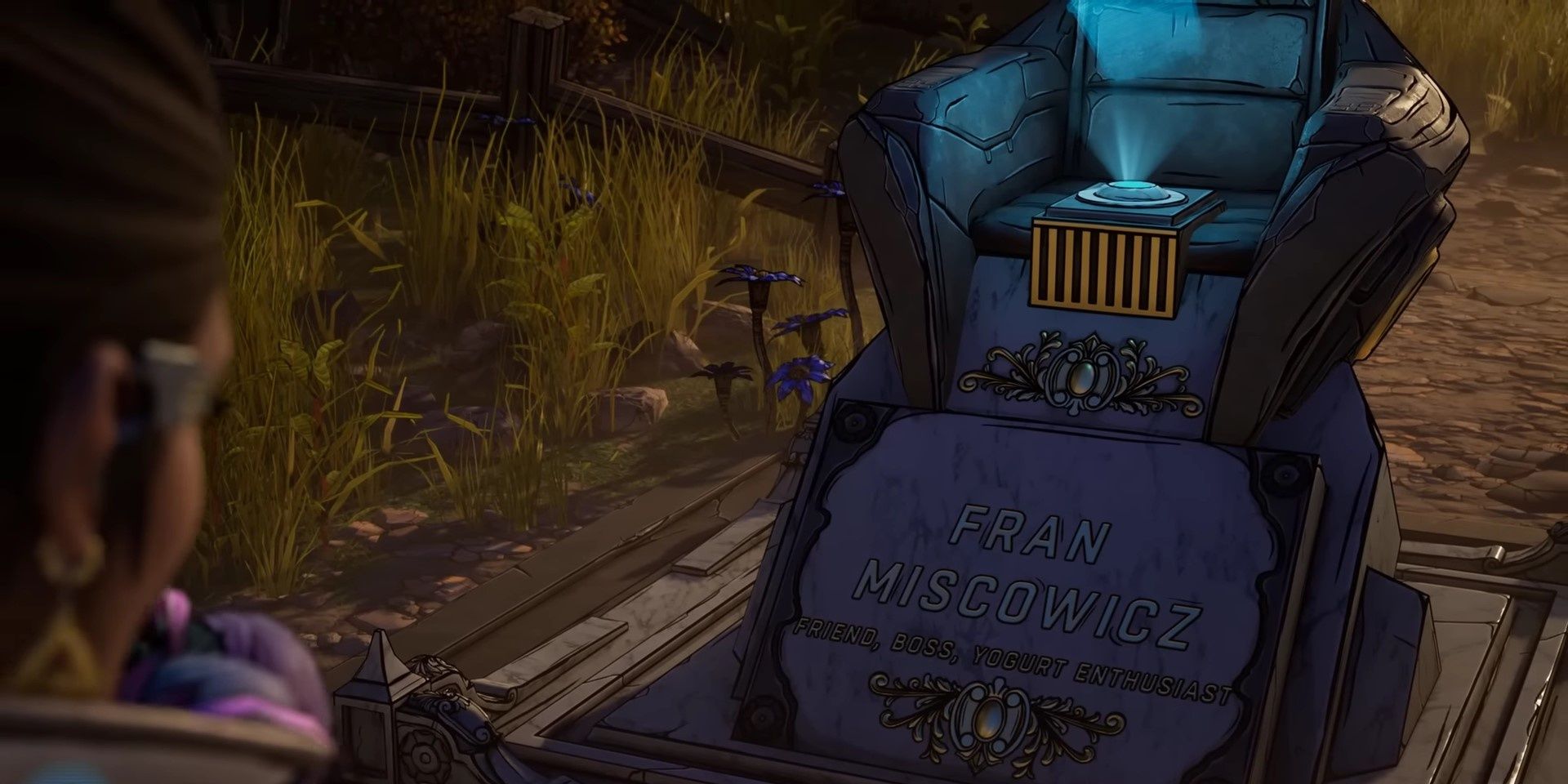 Screenshot of Octavio and Anu bringing flowers to Fran's grave at the end of New Tales from the Borderlands.