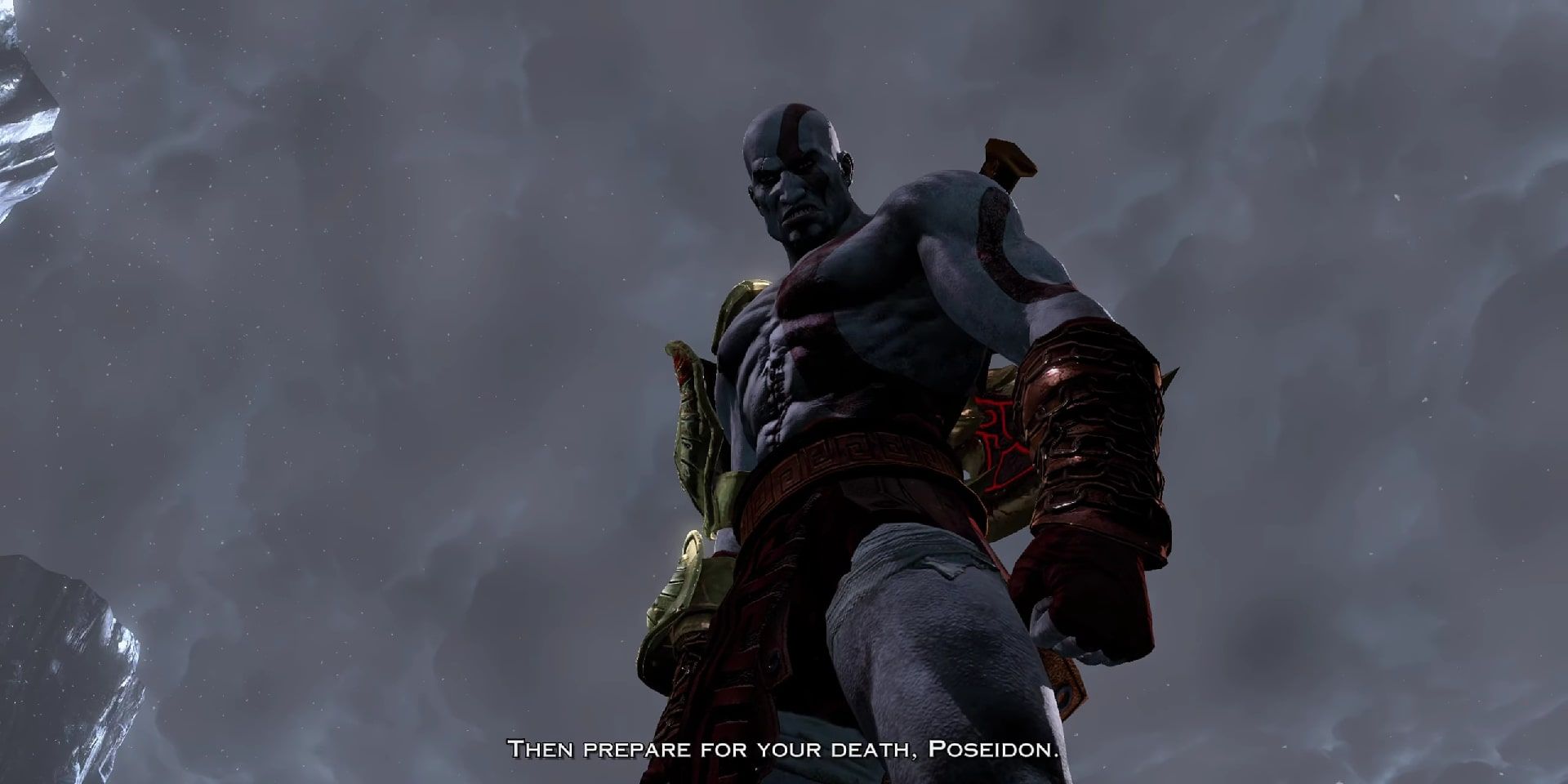 Screenshot of Kratos towering over Poseidon in God of War 3 Remastered.