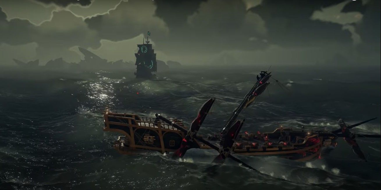 A pirate ship sailing into the horizon and the wreckage of a sunken one in the foreground
