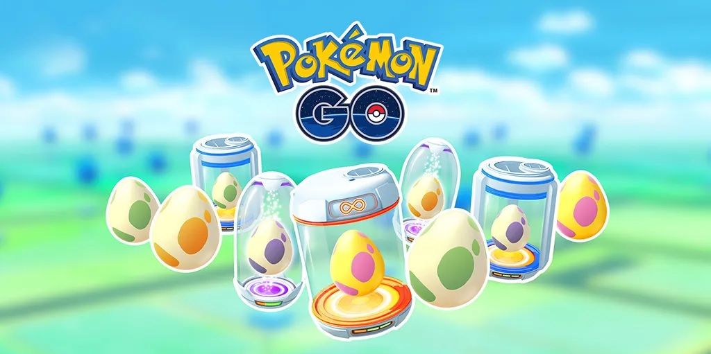 Several Eggs and Incubators from Pokemon Go with the Pokemon Go logo above them