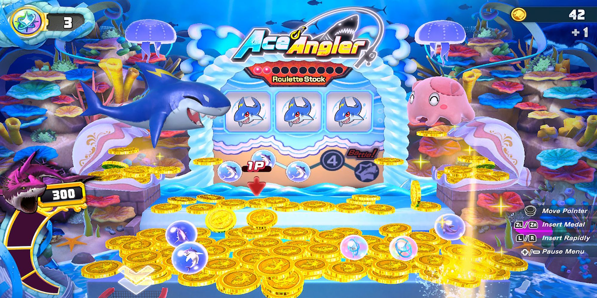 Coins drop off of a gacha machine in Ace Angler: Fishing Spirits' Shark Fever mode.