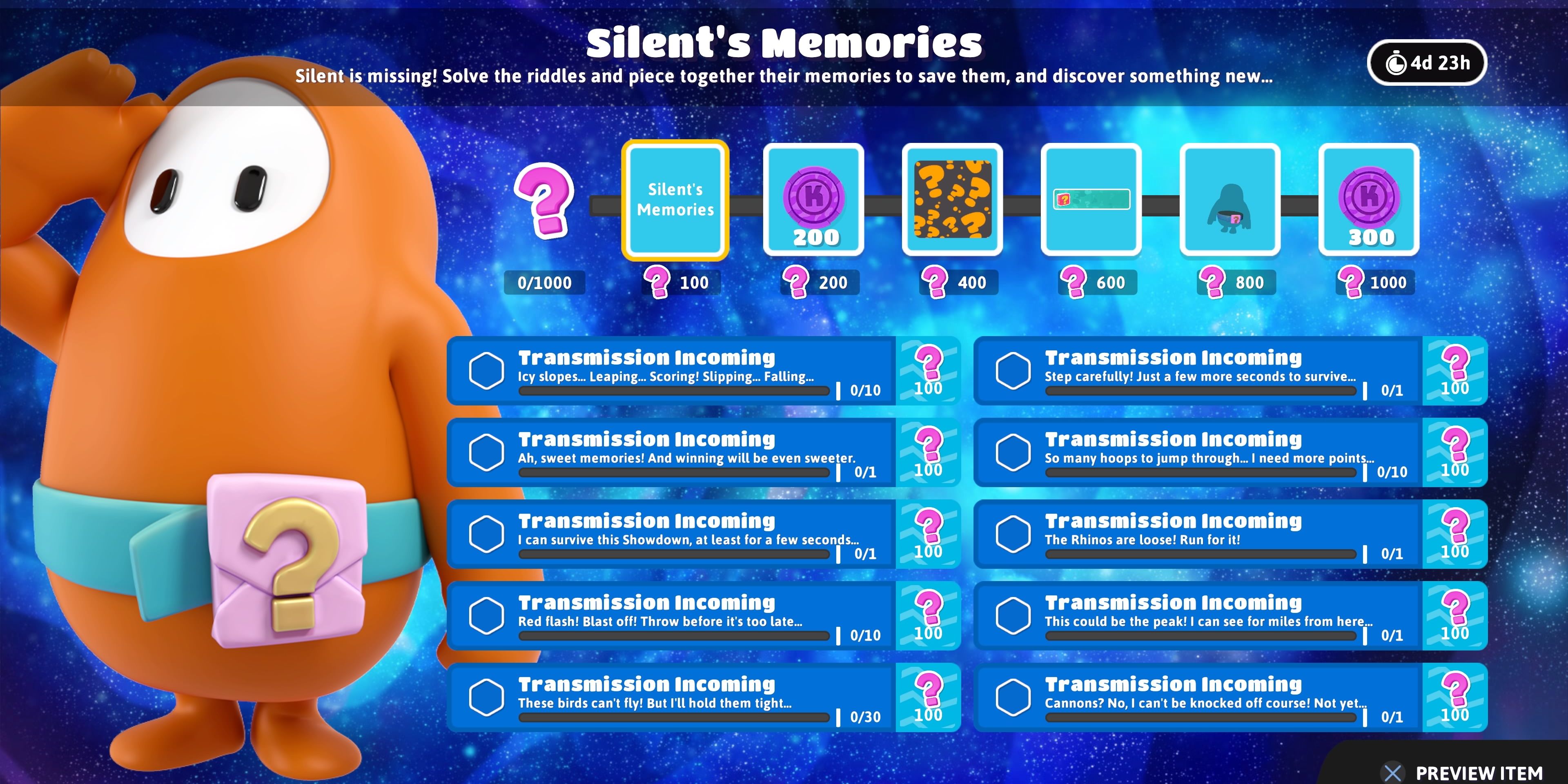 Silent's Memories Event page from Fall Guys, showing all event missions and rewards