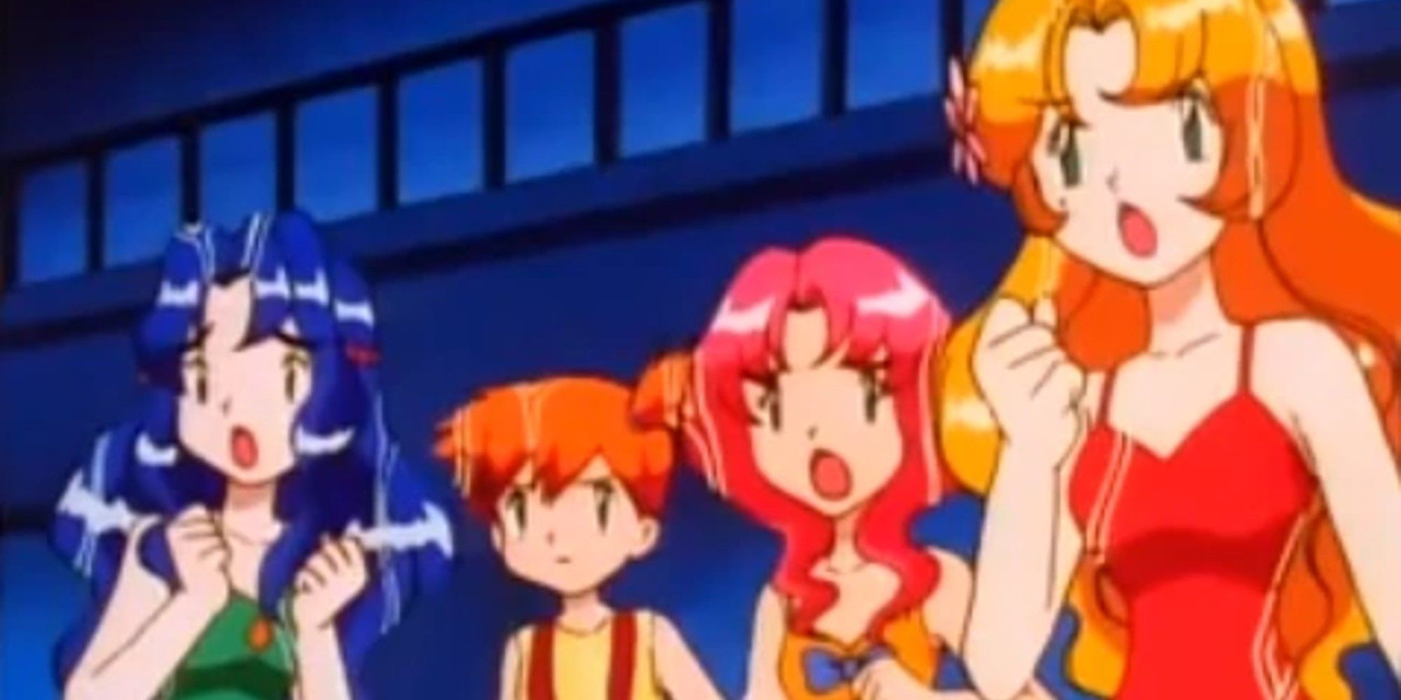 Misty and her sisters, Lily Violet and Daisy looking surprised from the Pokemon anime