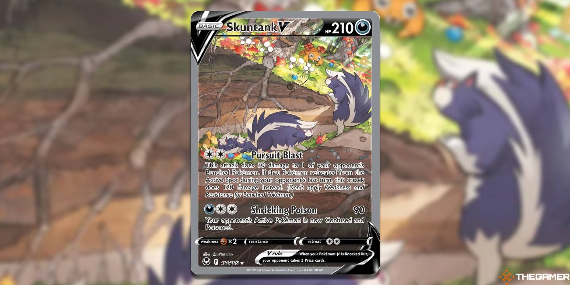Skuntank V from Pokemon TCG with blurred background