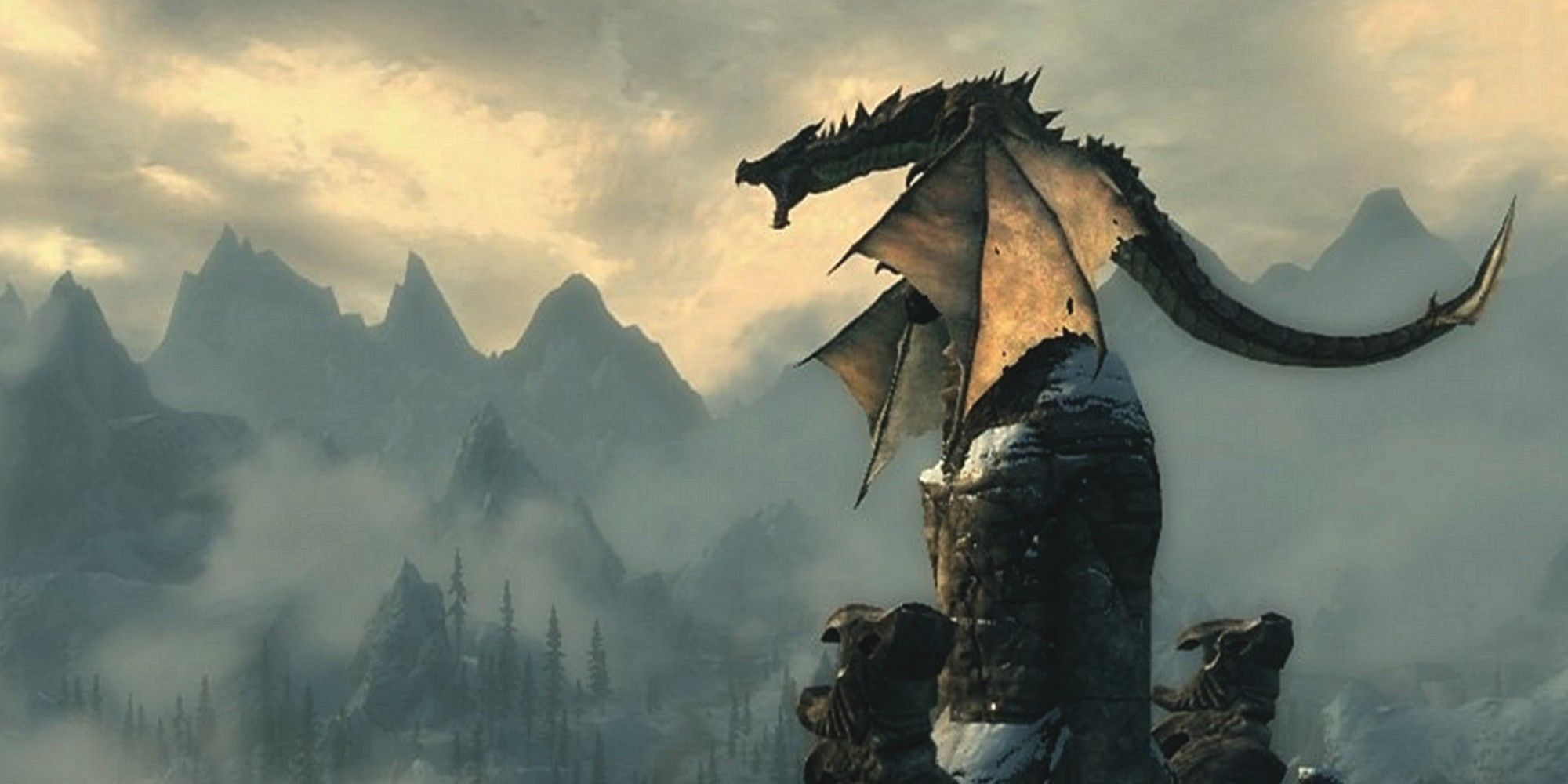 skyrim dragon roaring on top of a building with mountains in the background
