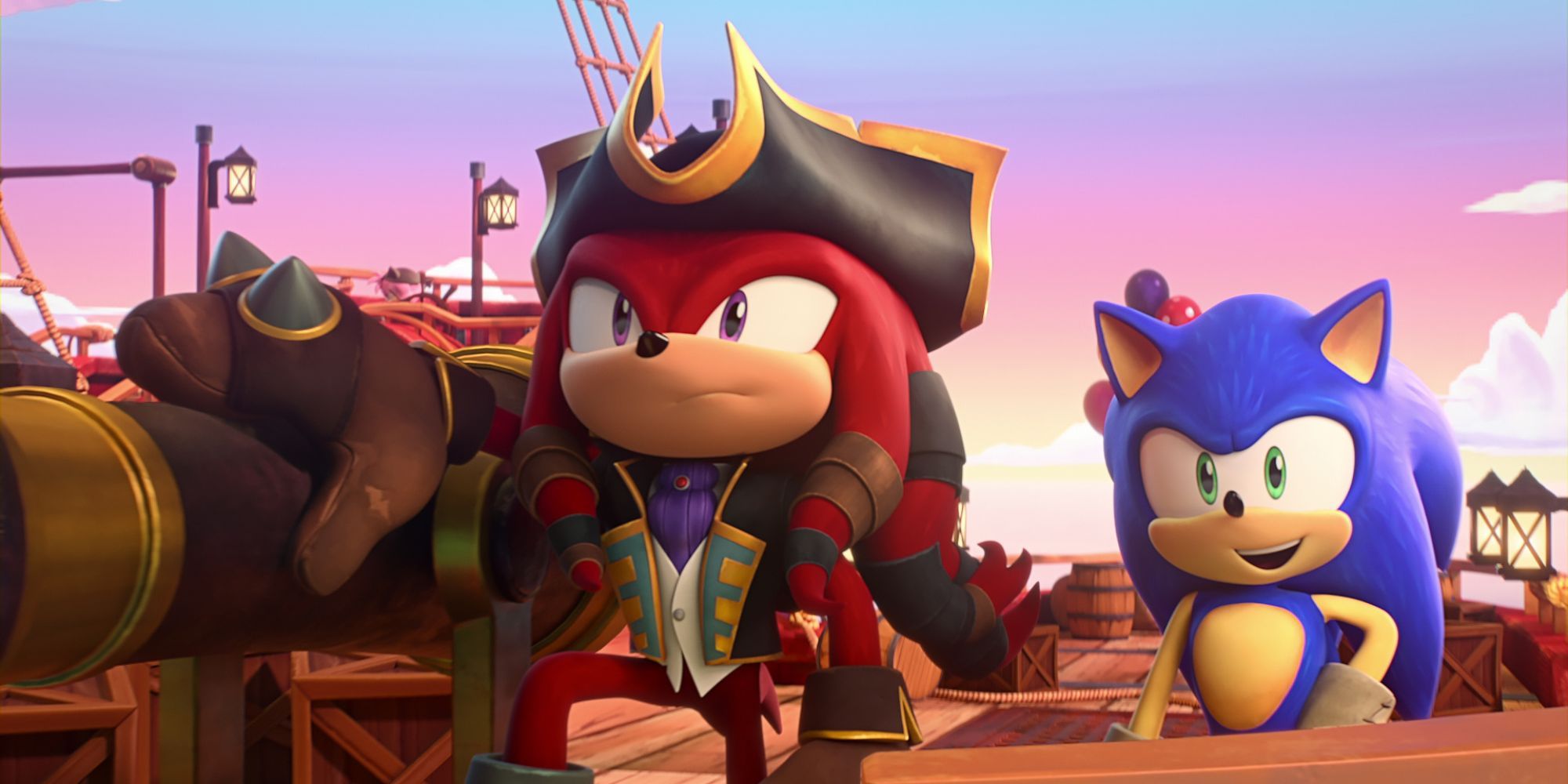 Sonic and pirate Knuckles stood on a boat on an episode Netflix's Sonic Prime.