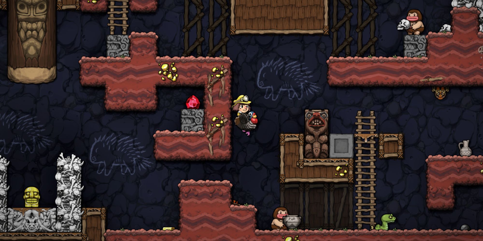 Ana Spelunky exploring the dwelling in Spelunky 2