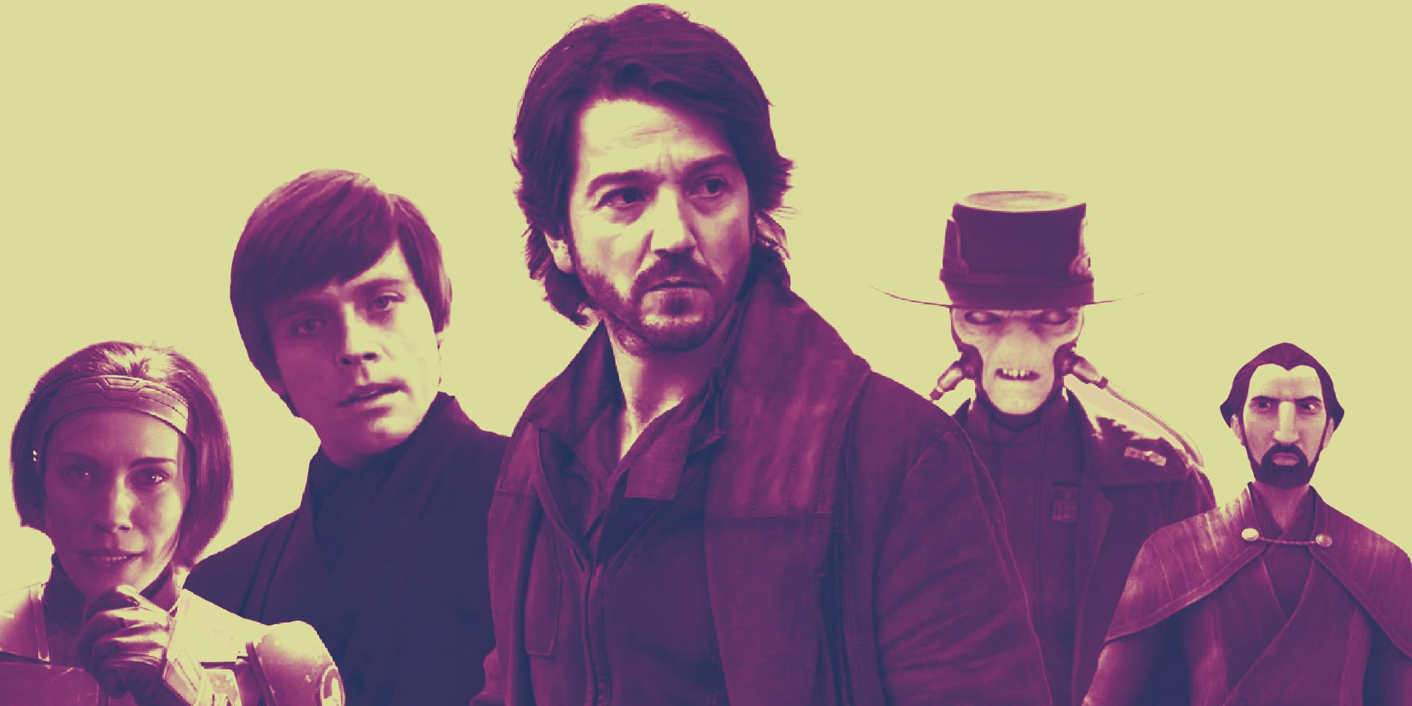 Bo-Katan, Luke Skywalker, Cassian Andor, Cad Bane, and Count Dooku against a yellow background
