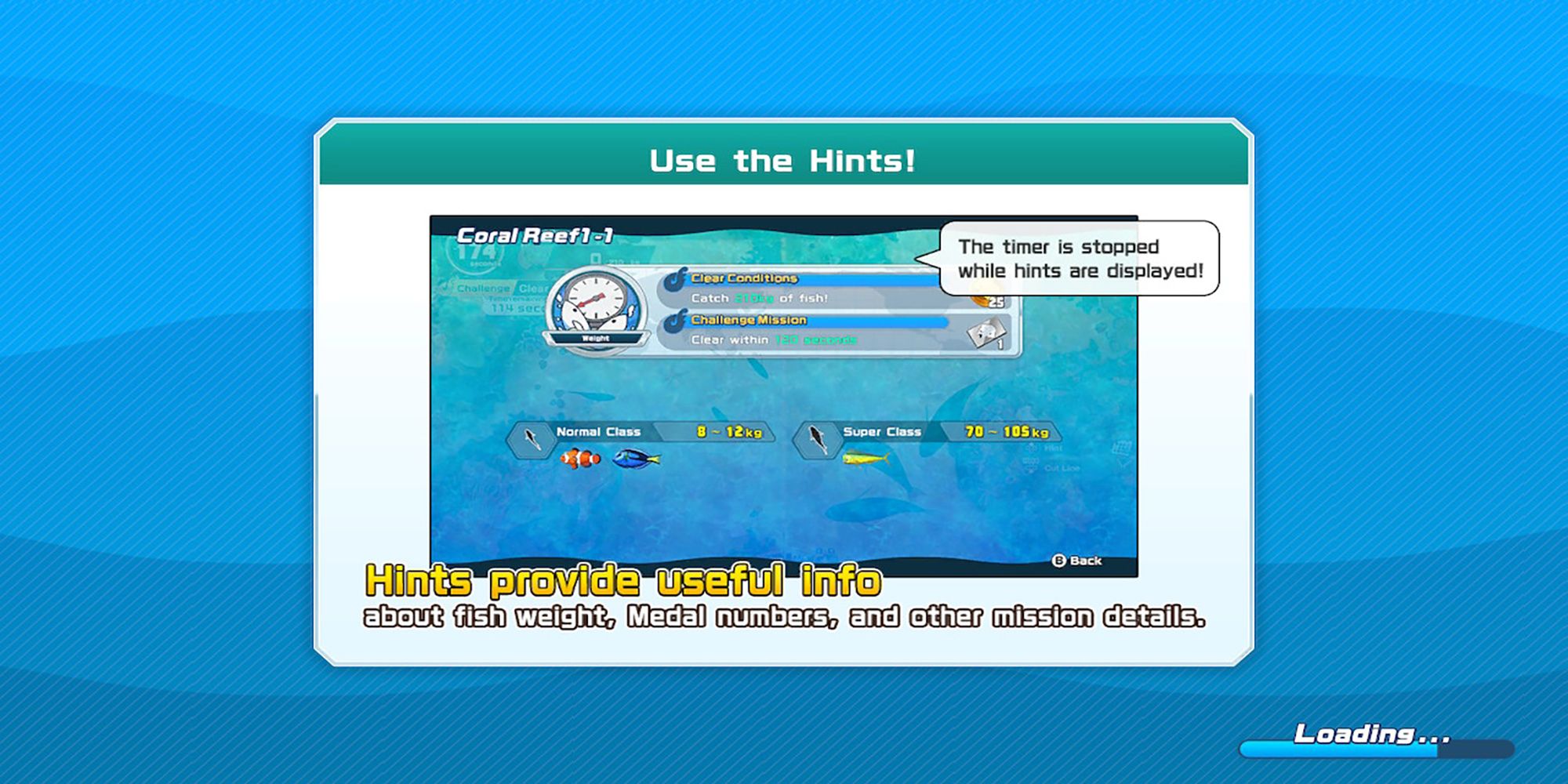 A tutorial explains Story Mode Mission Hints in Ace Angler: Fishing Spirits.
