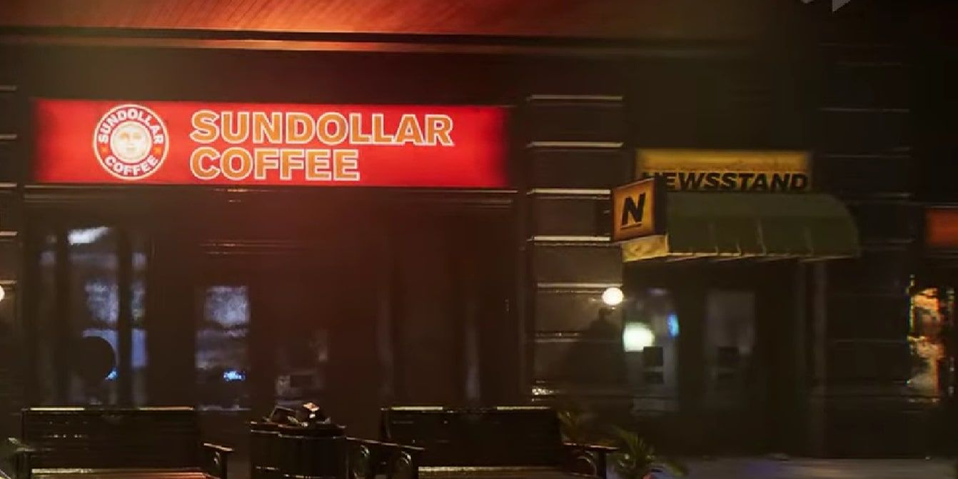 Screenshot of the exterior view of Sundollar Coffee in Gotham Knights. 