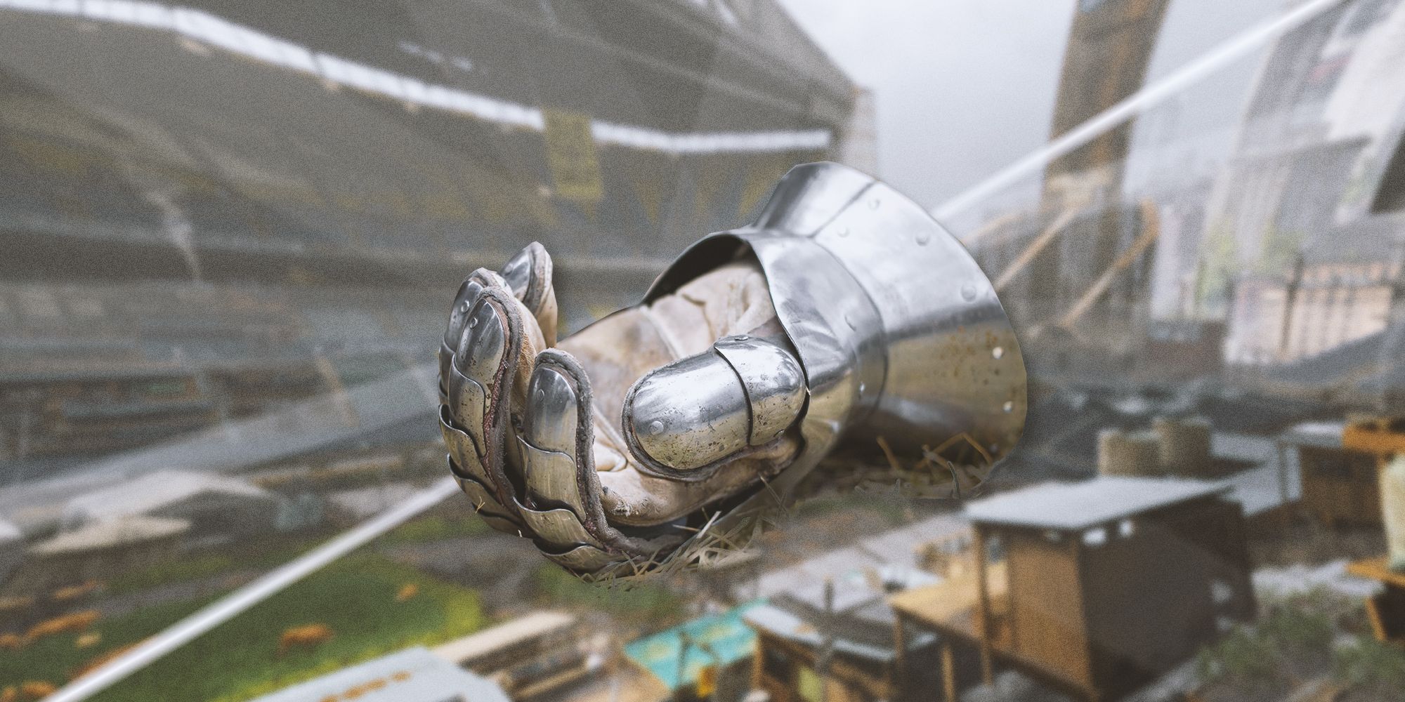 The WLF stadium from The Last of Us Part 2 with a big metal gauntlet.