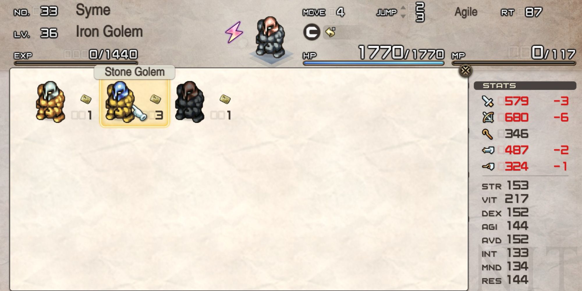 Tactics Ogre Reborn Golem Class Menu