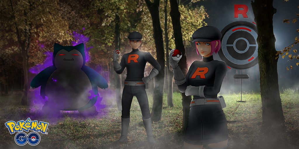 Two Team Go Rocket Grunts standing next to Shadow Snorlax and a PokeStop