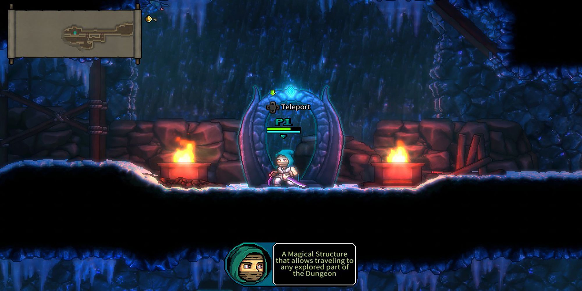 The Rogue stands in front of a Teleportation Portal in the Ice Caves during a run of Bravery And Greed.
