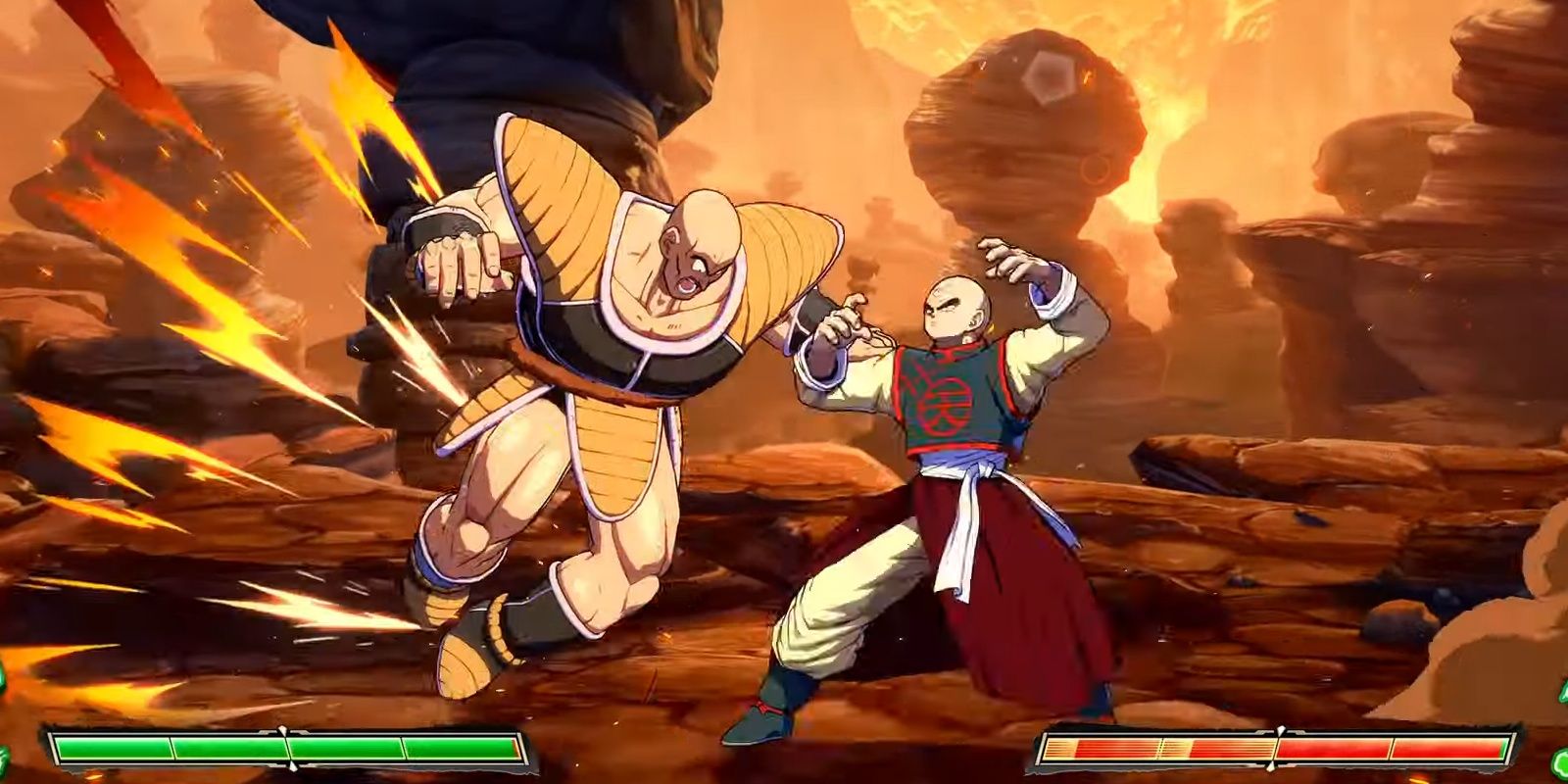 Ten colliding with Nappa in Dragon Ball FighterZ.