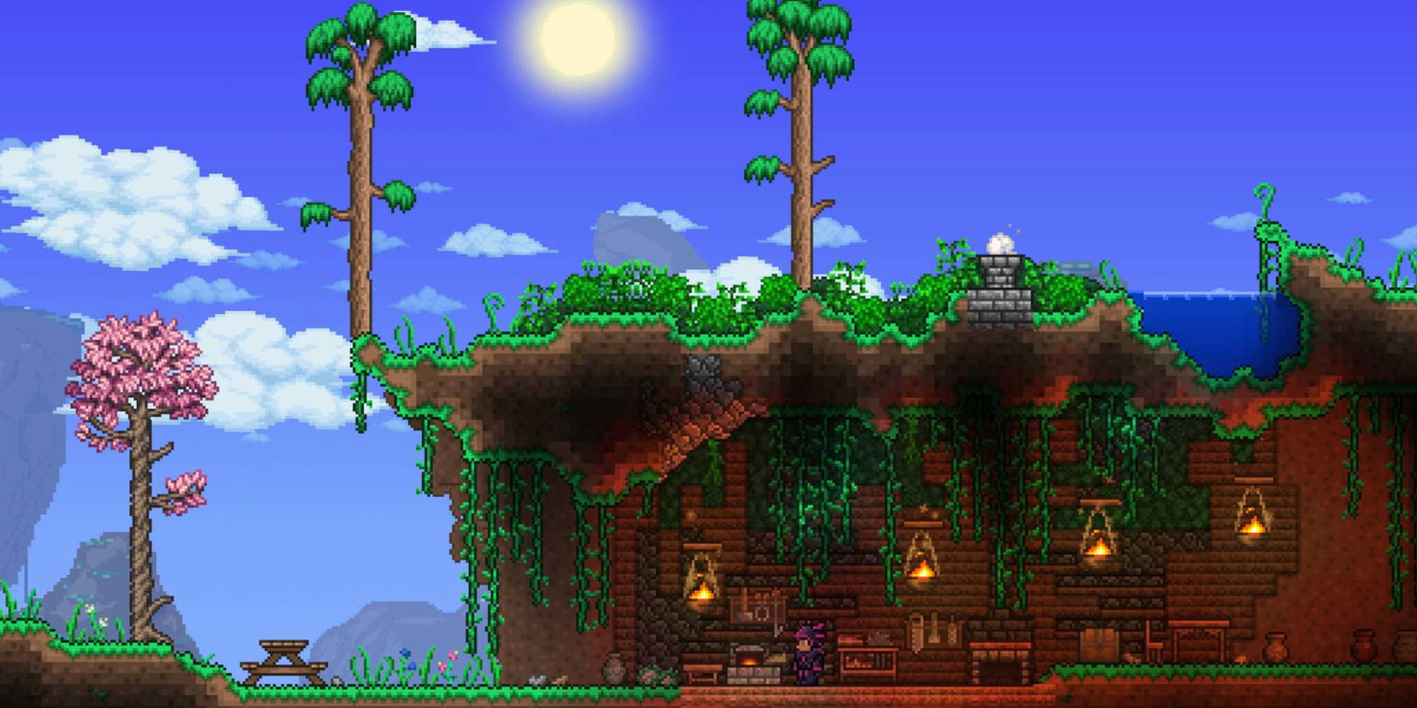 A House built into a side of a cave in Terraria