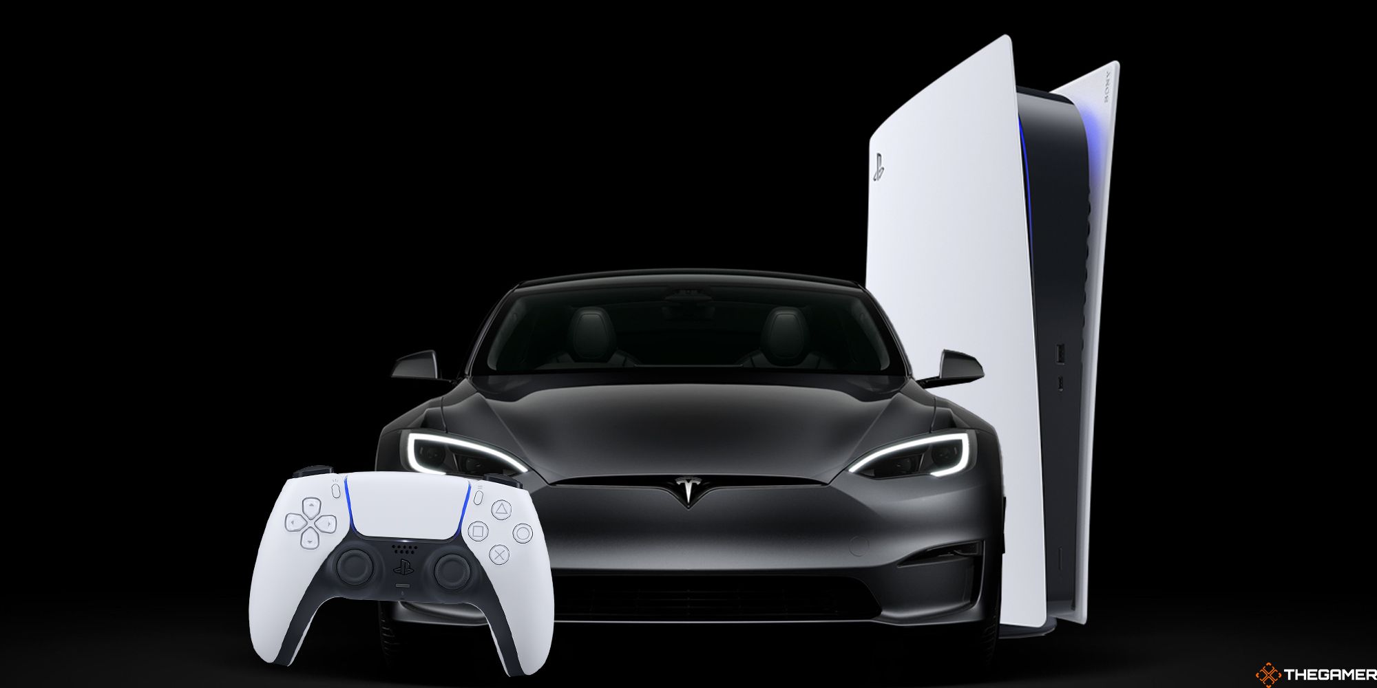 Tesla with a DualSense and PS5 beside it