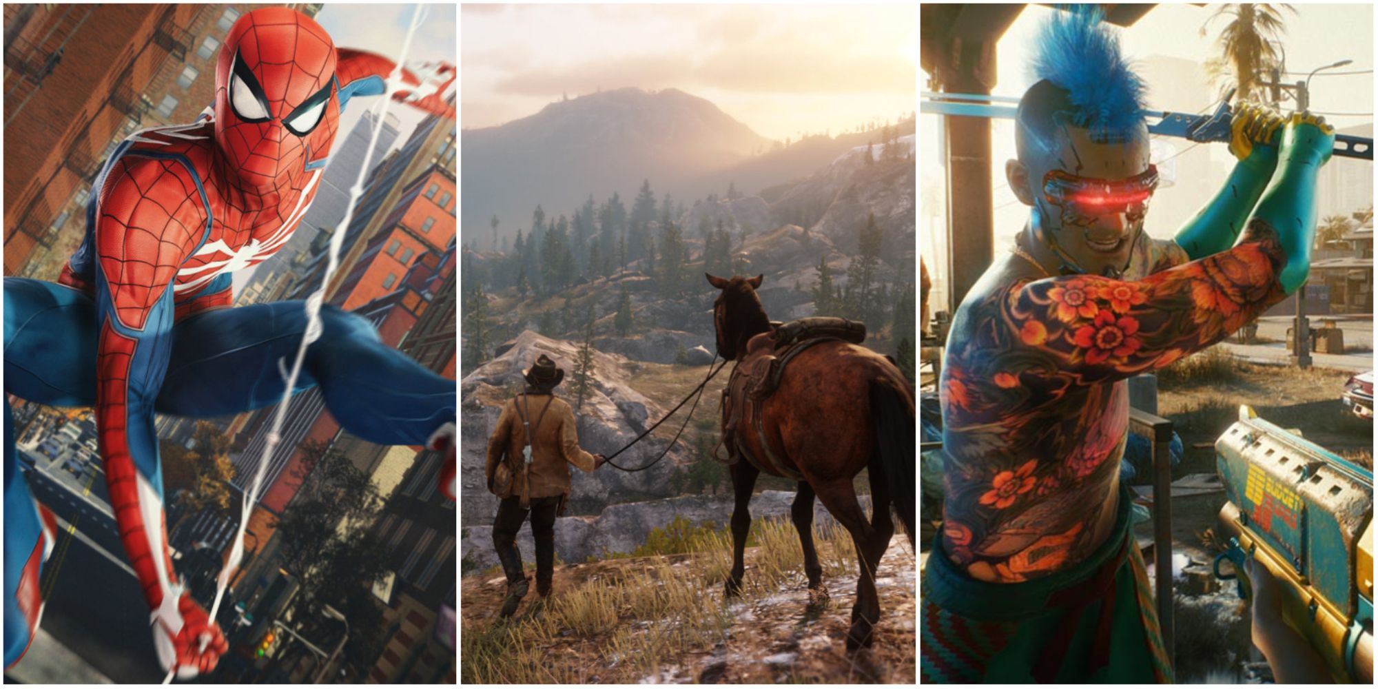 Collage of The Best Story-Driven Games For The Steam Deck featuring Marvel's Spider-Man Remastered, Red Dead Redemption 2 and Cyberpunk 2077
