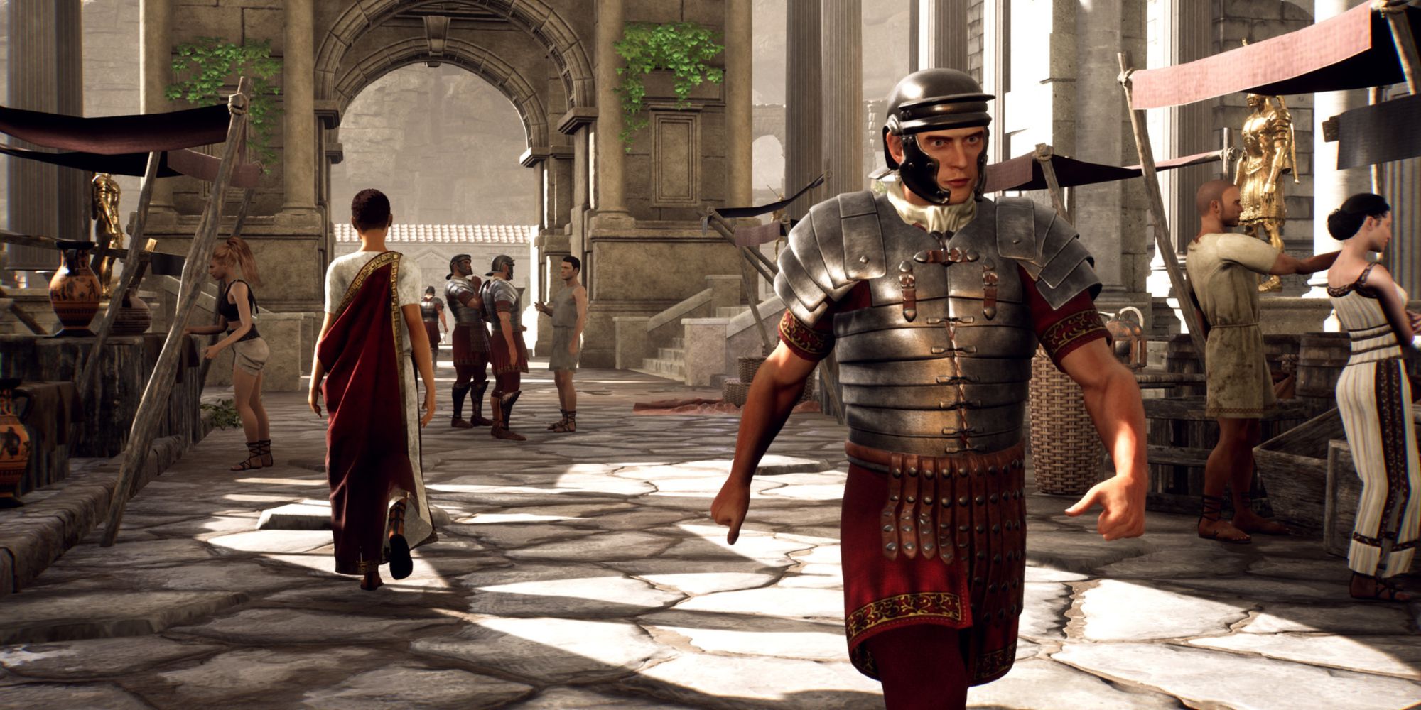Roman guards patrol the market in The Forgotten City